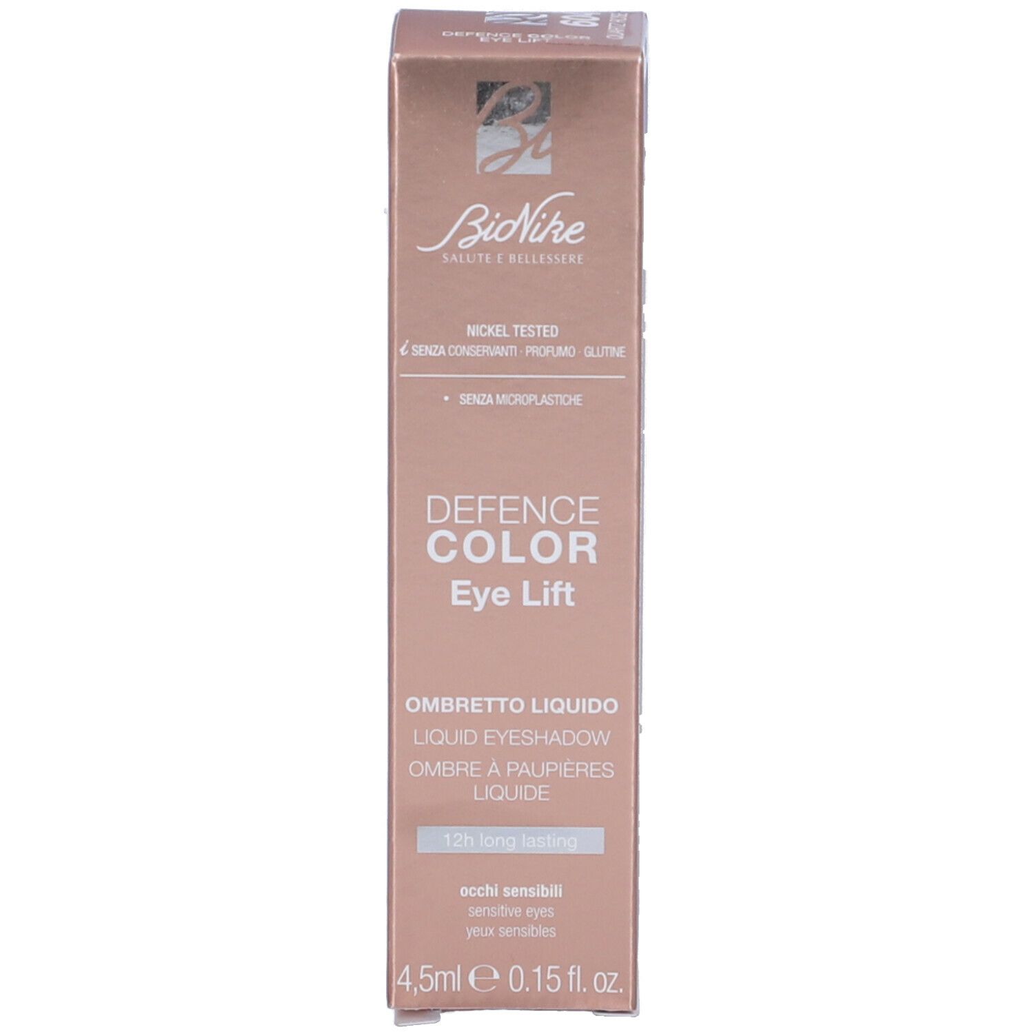 Confezione per ombretto liquido. Scritta: Defence Color Eye Lift. Contiene informazioni sul prodotto e logo.