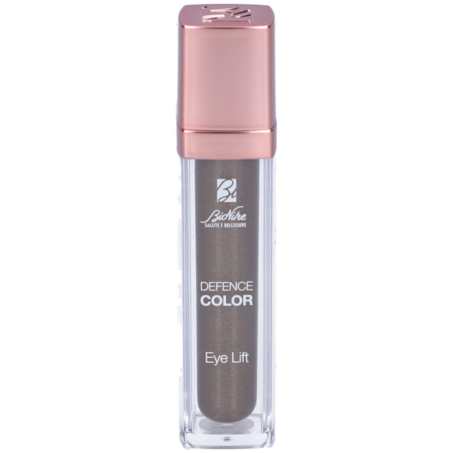 Ombretto liquido grigio talpa. Flacone trasparente con tappo oro rosa. Nome del prodotto e marchio visibili.