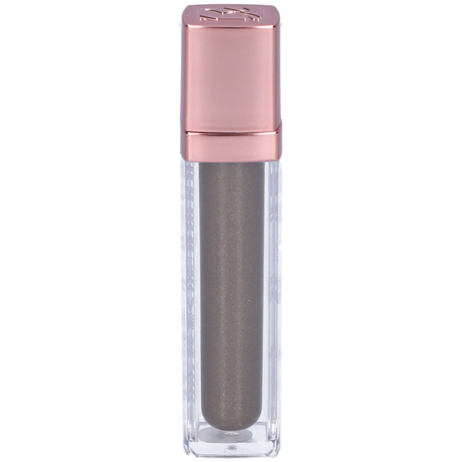Ombretto liquido grigio talpa. Flacone trasparente con tappo oro rosa. Nome del prodotto e marchio visibili.