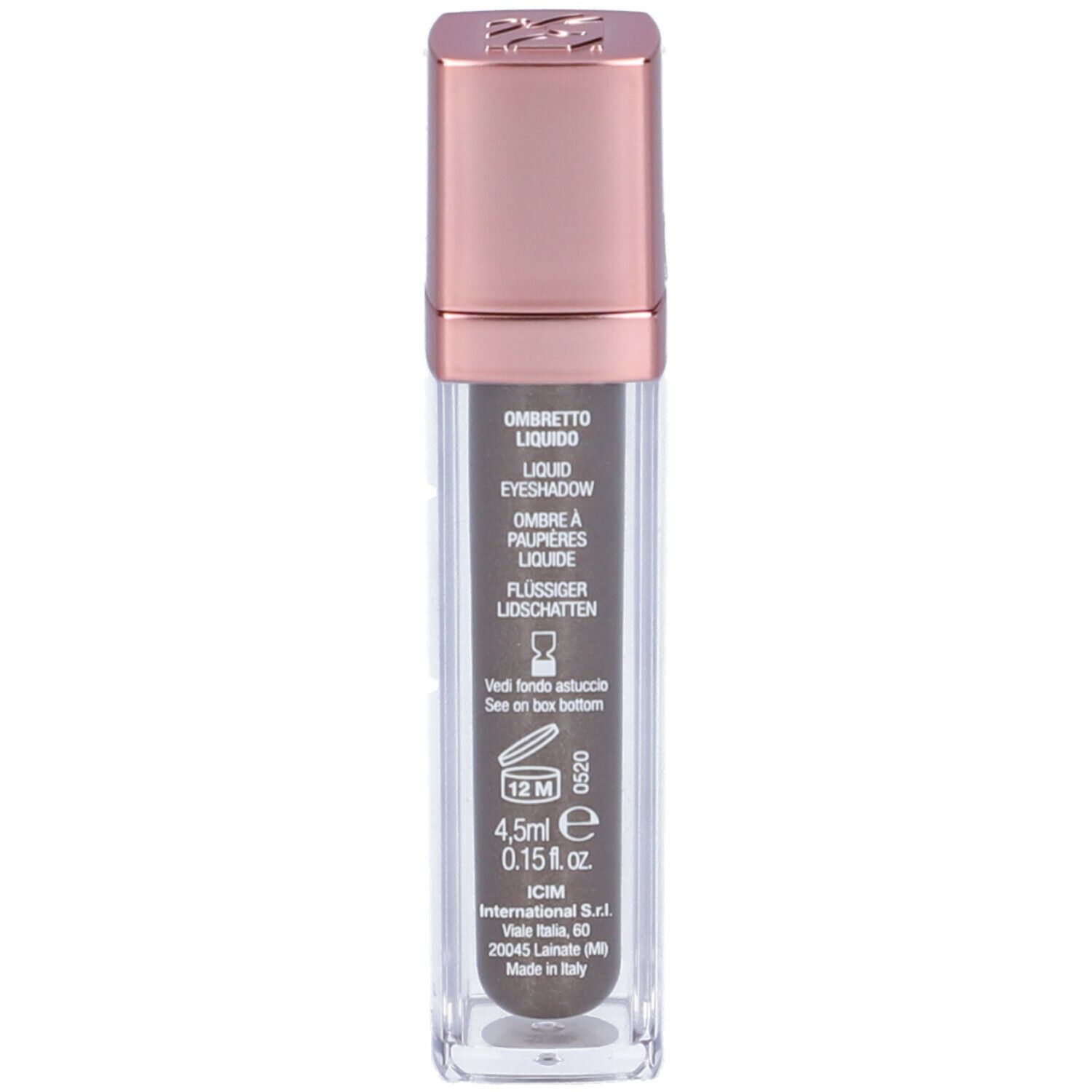 Ombretto liquido grigio talpa. Flacone trasparente con tappo oro rosa. Testo in italiano.