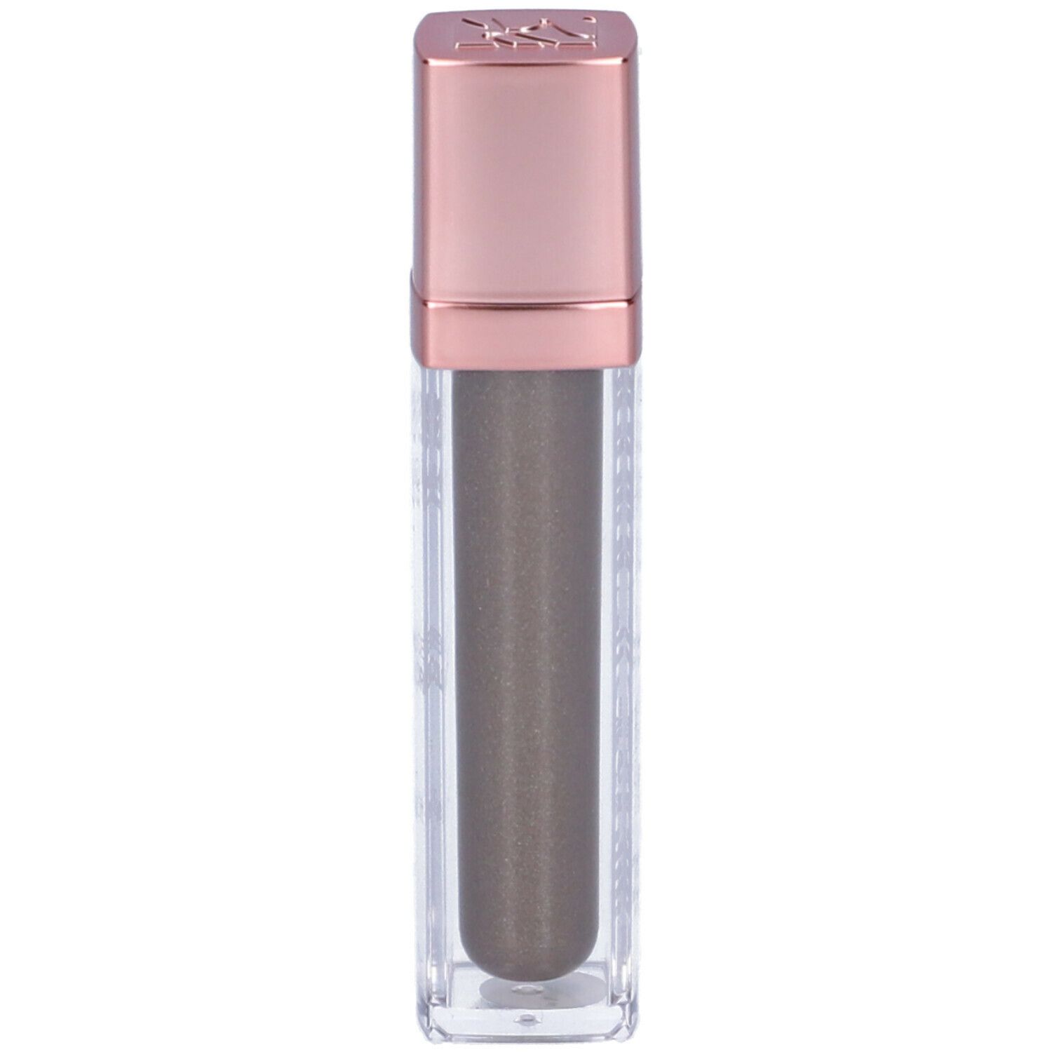 Ombretto liquido grigio talpa. Flacone trasparente con tappo oro rosa. Nome del prodotto e marchio visibili.