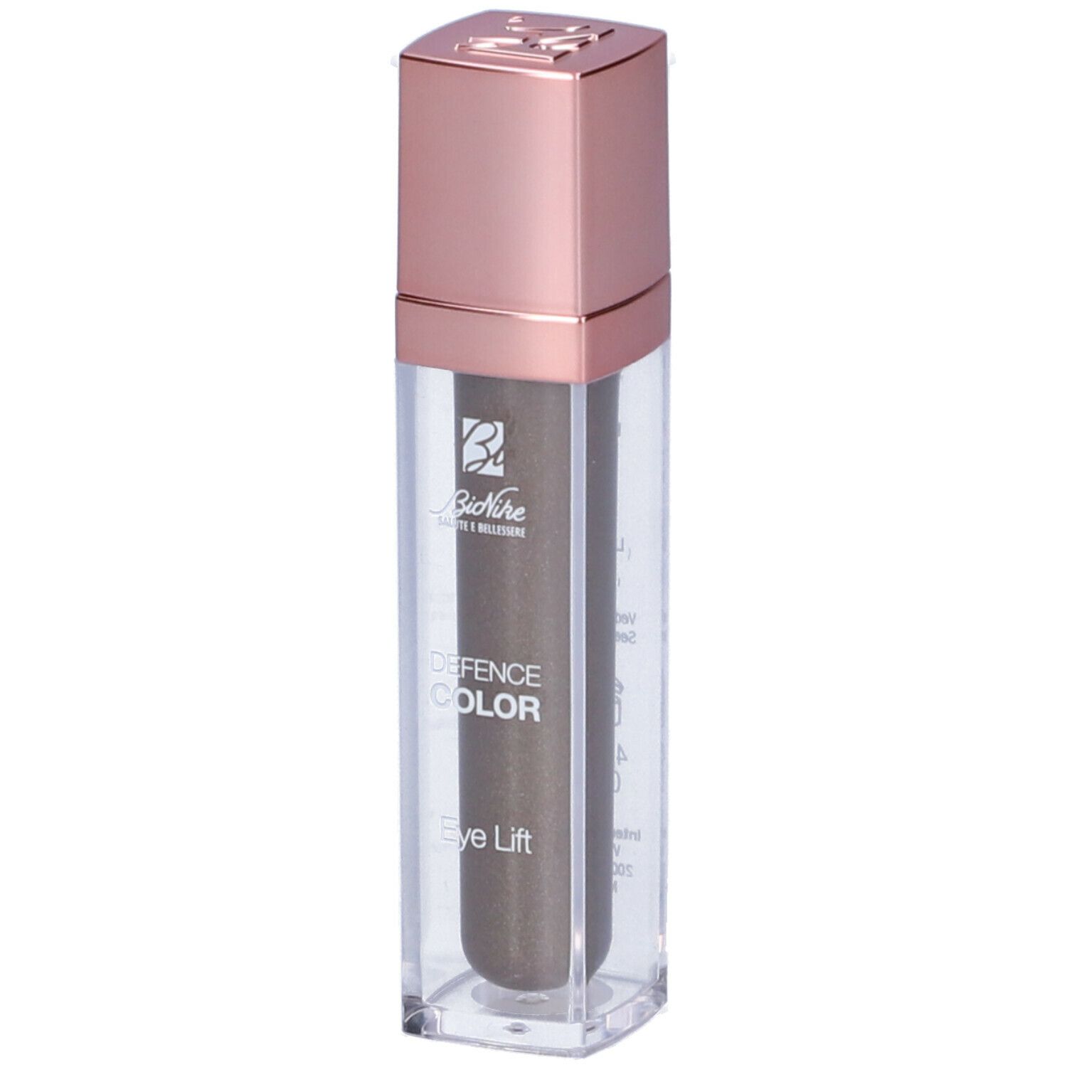 Ombretto liquido grigio talpa. Flacone trasparente con tappo oro rosa. Nome del prodotto e marchio visibili.