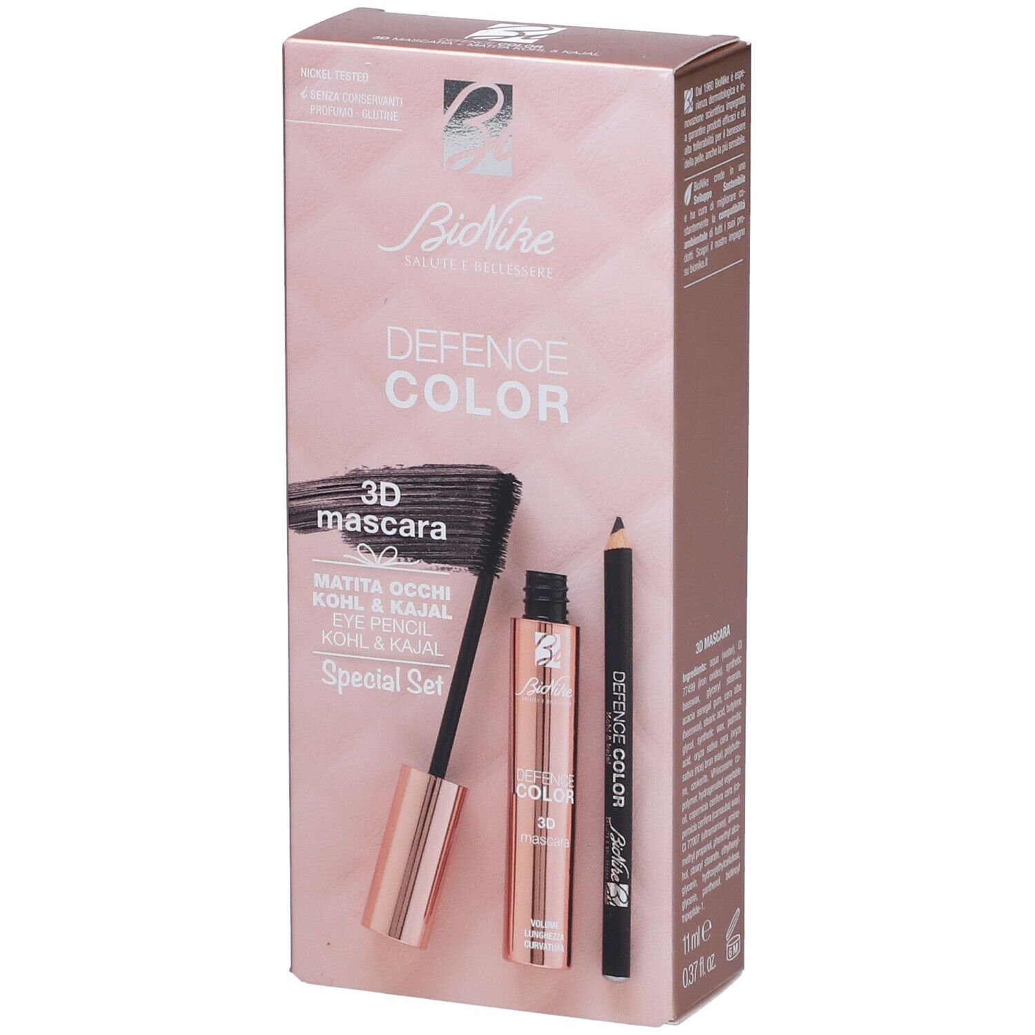 Set regalo con mascara, matita occhi e confezione. Confezione rosa dorato con nome e logo del prodotto.