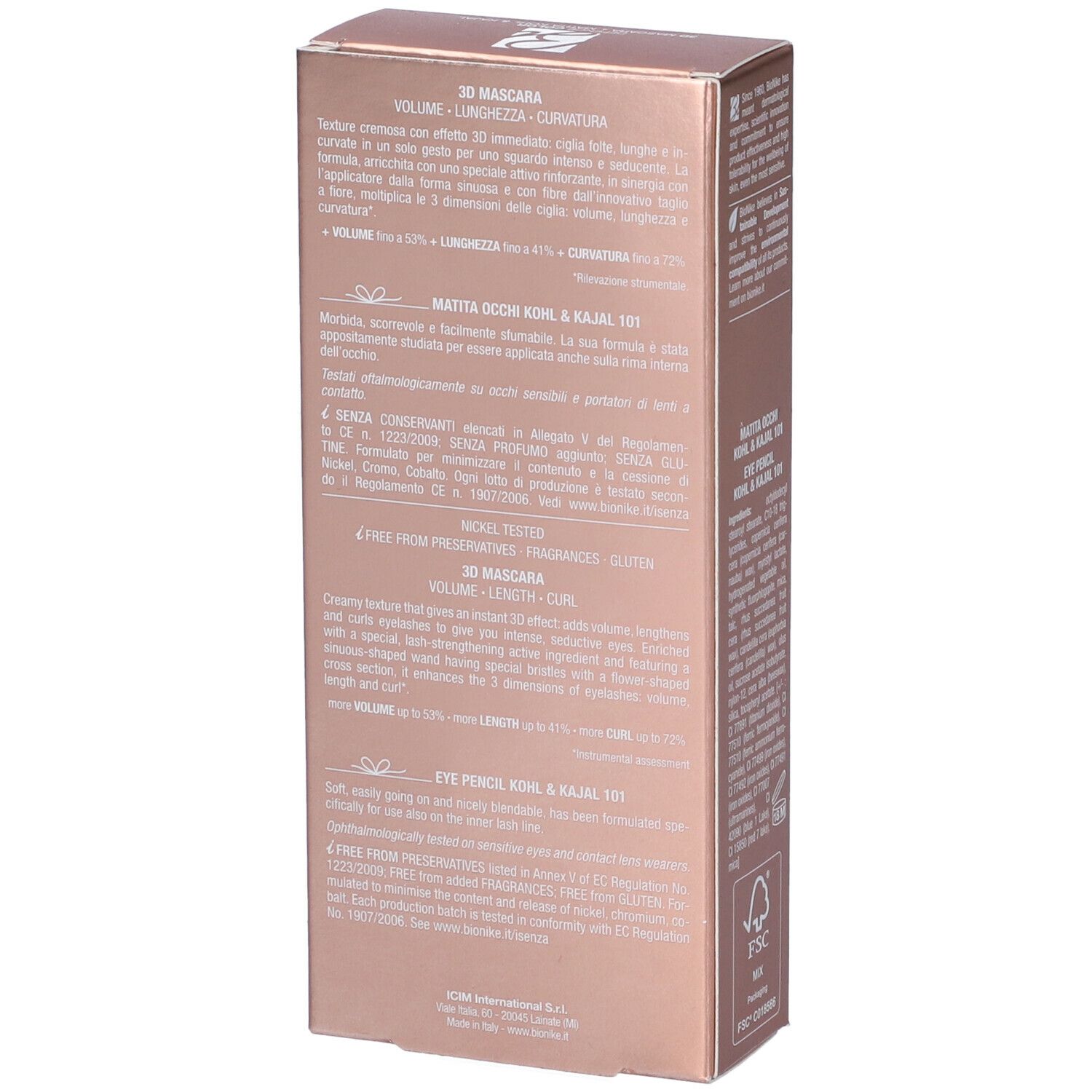 Retro della confezione con informazioni sul prodotto. Scatola rosa dorato con testo in più lingue.