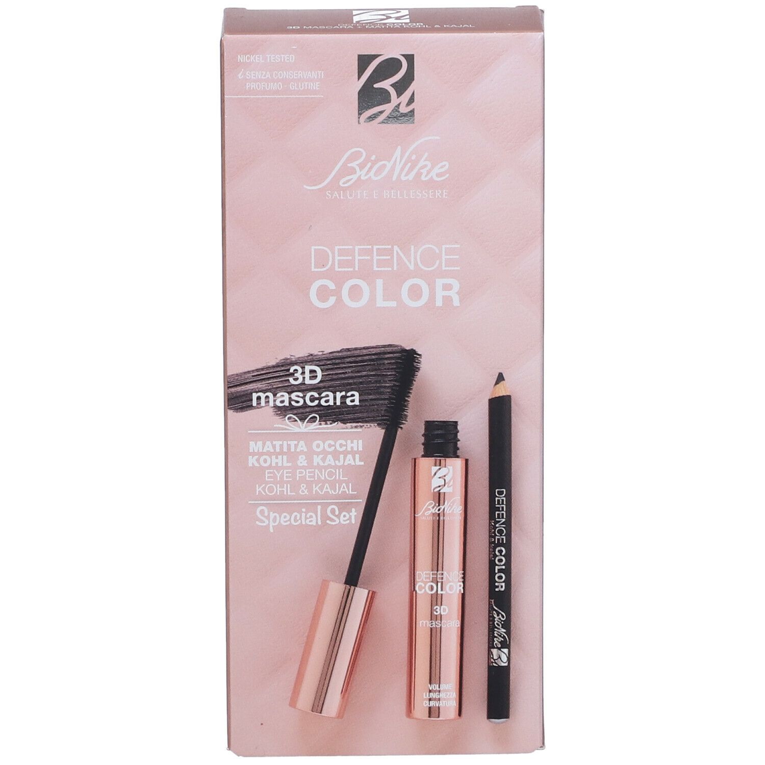 Set regalo con mascara, matita occhi e confezione. Confezione rosa dorato con nome e logo del prodotto.