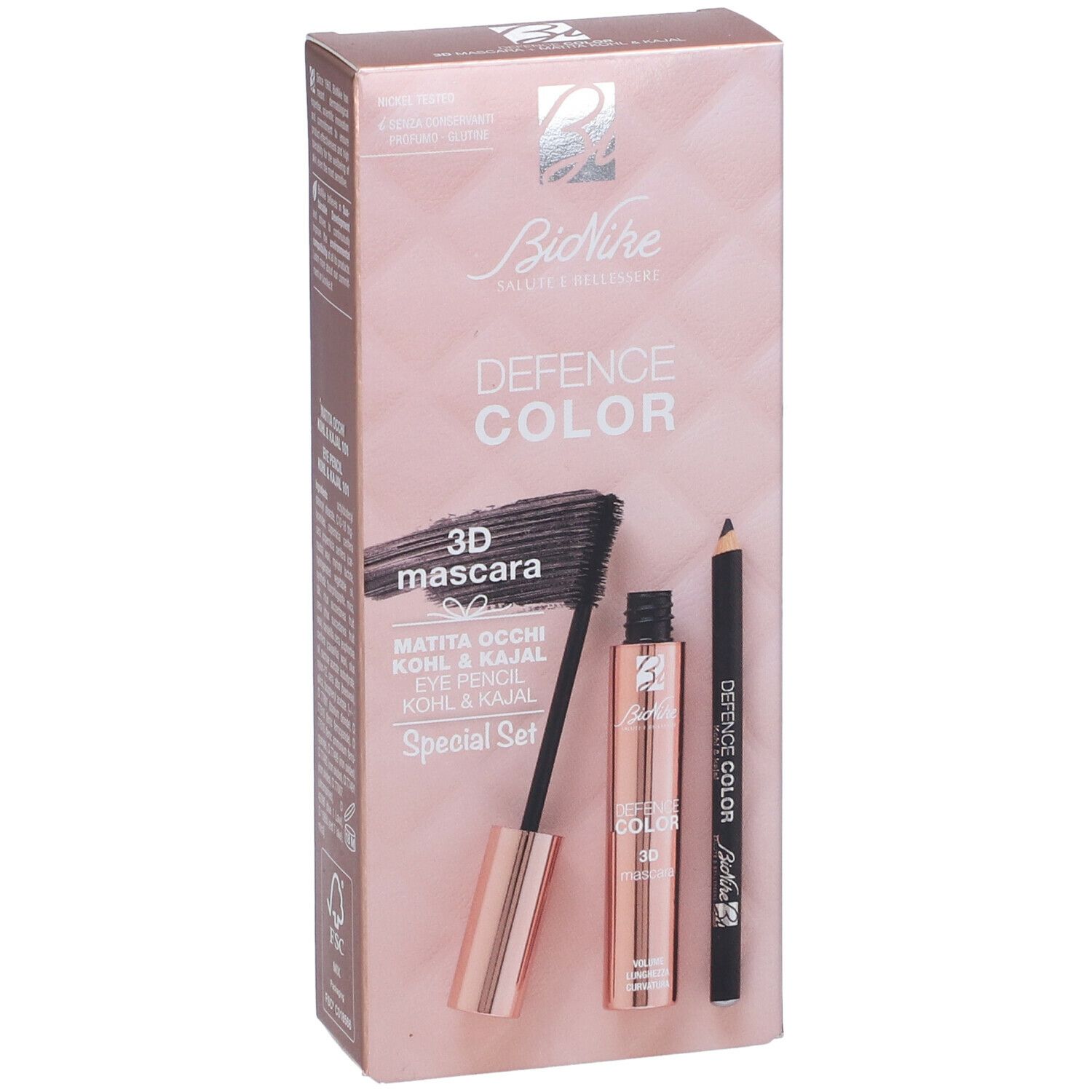 Set regalo con mascara, matita occhi e confezione. Confezione rosa dorato con nome e logo del prodotto.