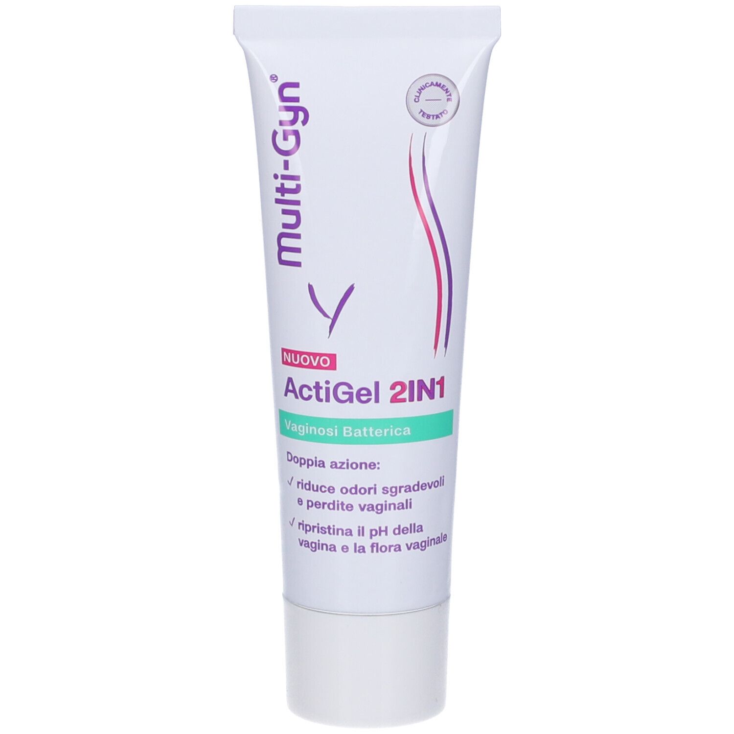 Tubo bianco con logo e nome del prodotto. Testo: ActiGel 2IN1, Vaginosi Batterica. Accenti viola e rosa.