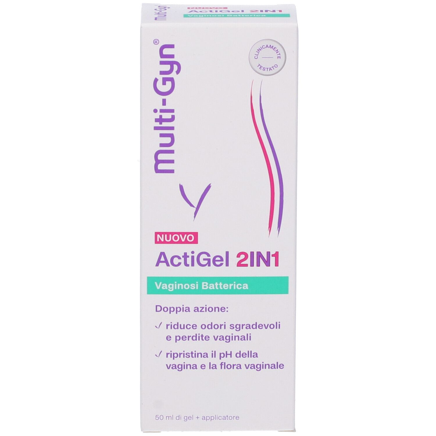 Confezione del prodotto. Bianca con logo e nome del prodotto. Testo: ActiGel 2IN1, Vaginosi Batterica. Accenti verdi.
