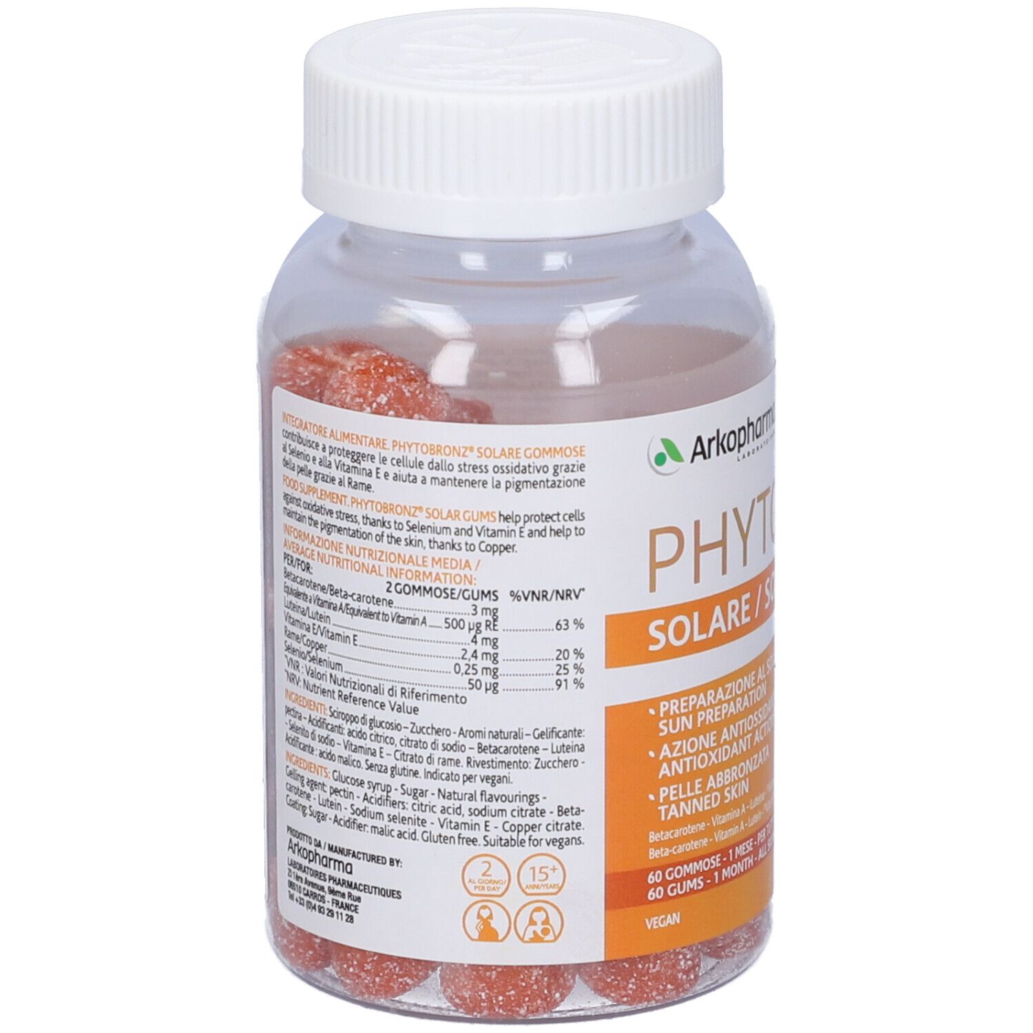 Flacone trasparente con tappo bianco. Contiene caramelle gommose rosse. Etichetta con informazioni nutrizionali e ingredienti.