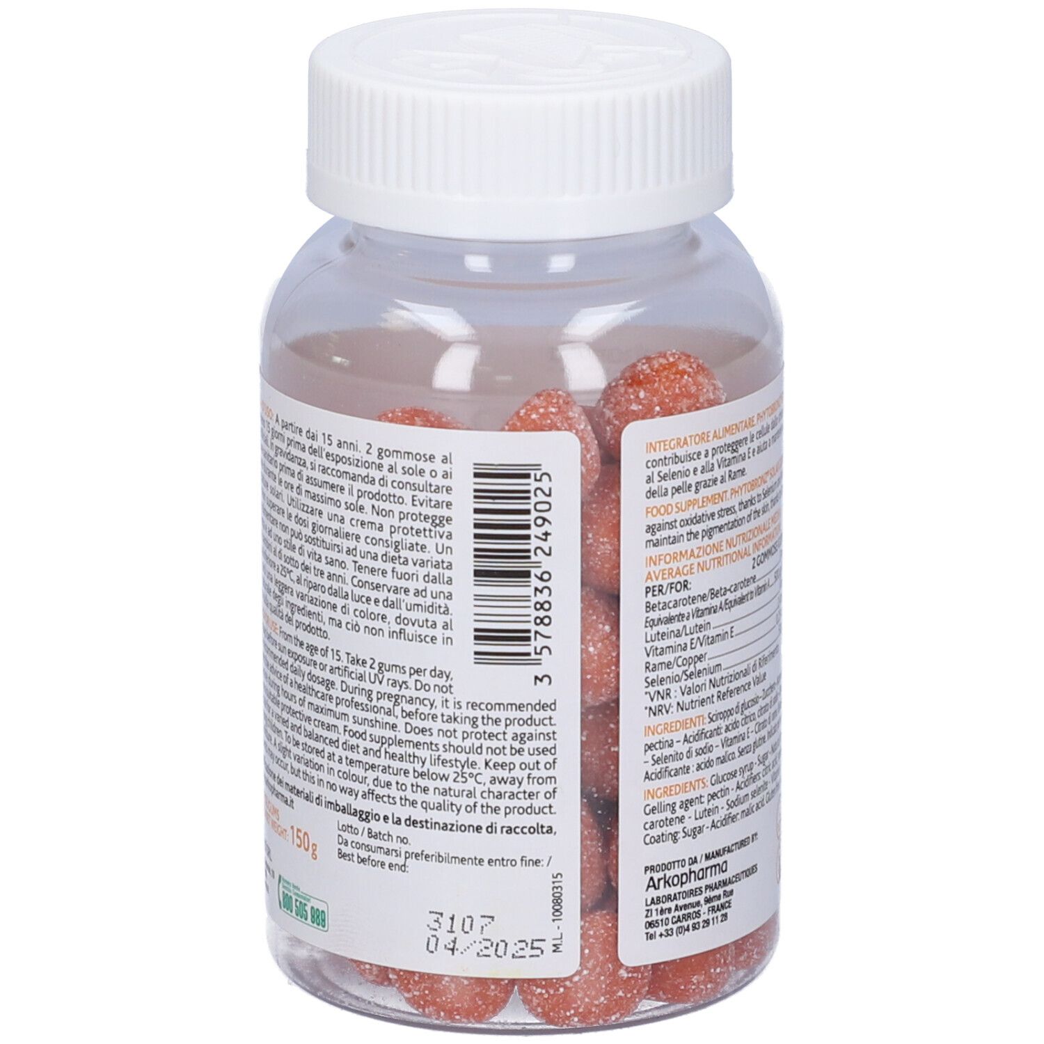 Flacone trasparente con tappo bianco. Contiene caramelle gommose rosse. Etichetta con codice a barre e informazioni del produttore.