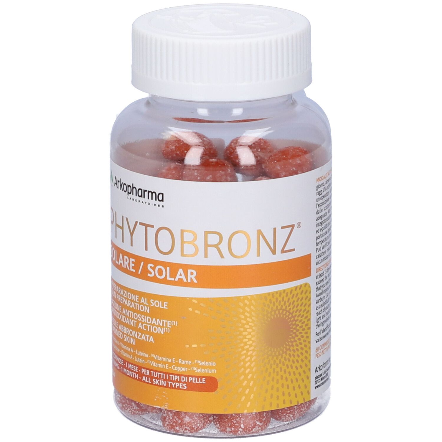 Flacone trasparente con tappo bianco. Contiene caramelle gommose rosse. Etichetta con nome del prodotto e marchio.