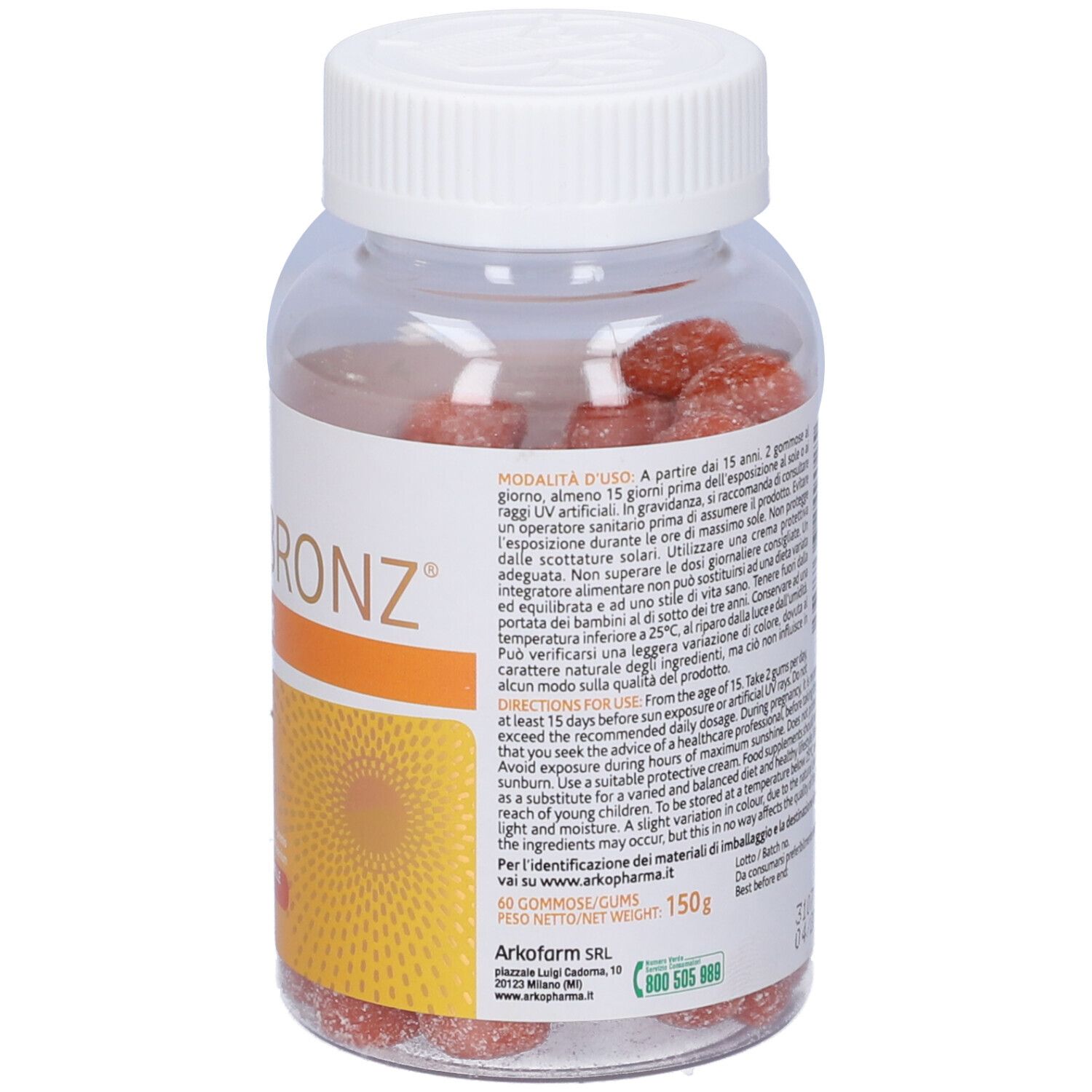Flacone trasparente con tappo bianco. Contiene caramelle gommose rosse. Etichetta con istruzioni per l'uso e informazioni del produttore.