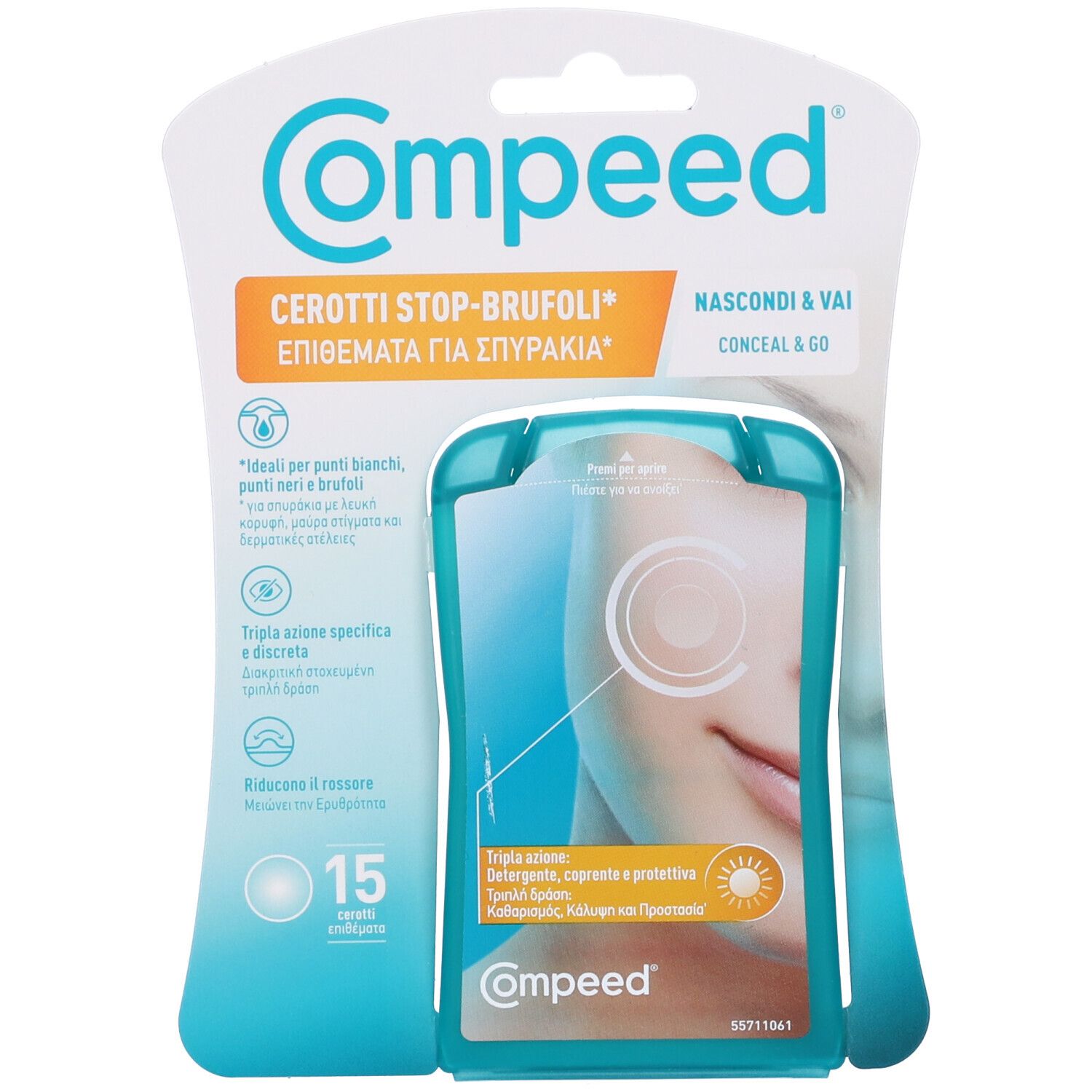 Compeed Cerotti Stop-Brufoli. Confezione blister da 15 cerotti. Confezione turchese e bianca. Immagine del prodotto con volto.