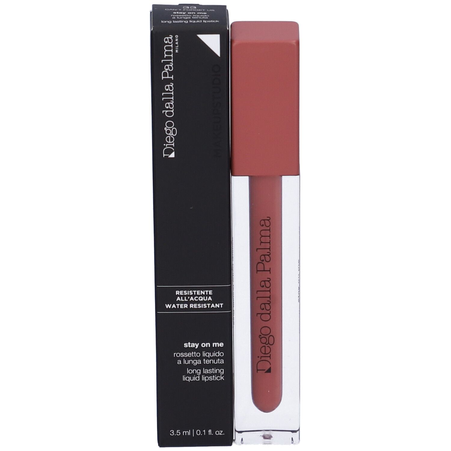Rossetto terracotta con confezione nera. Marchio "Diego dalla Palma" visibile.