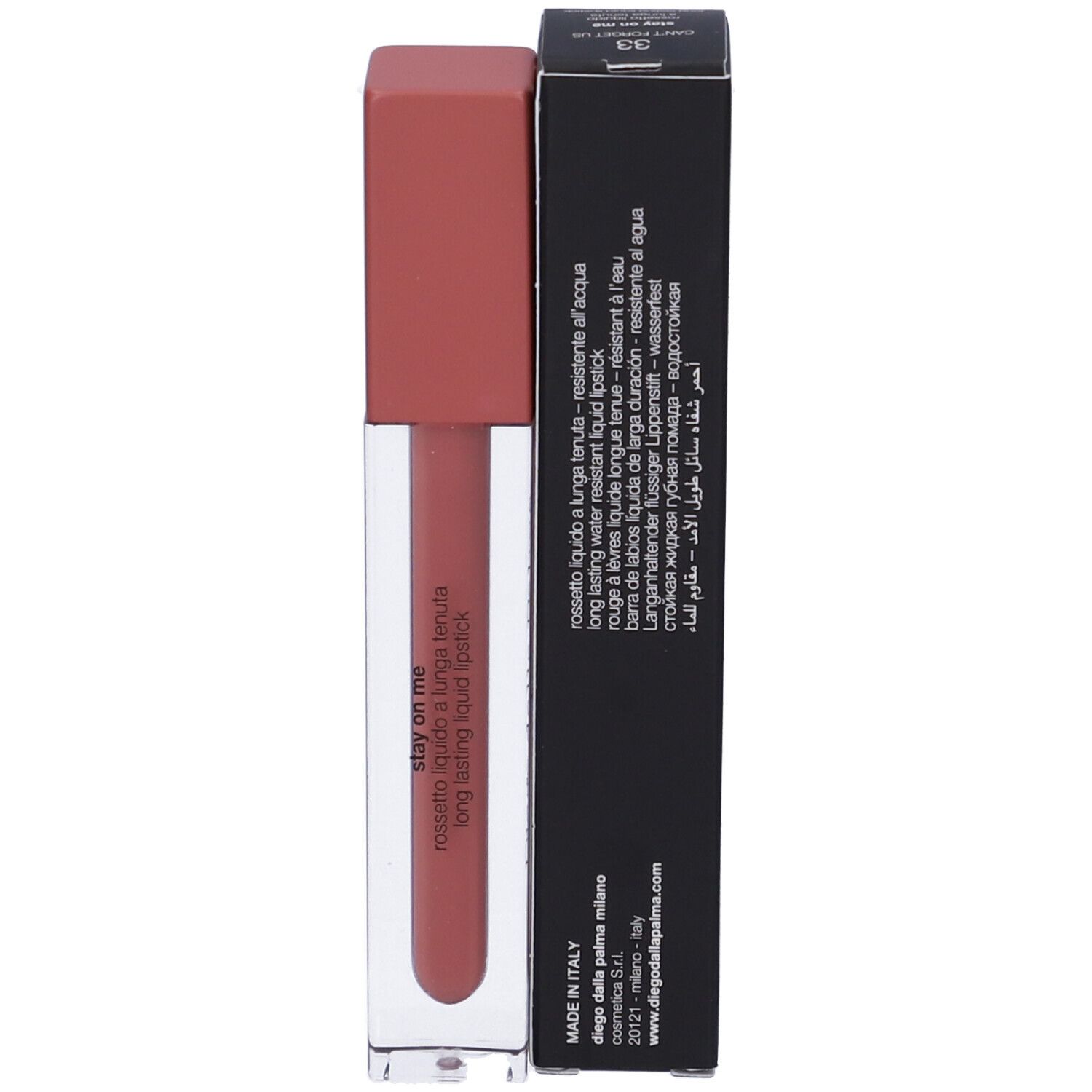 Rossetto terracotta con confezione nera. Marchio "Diego dalla Palma" visibile.