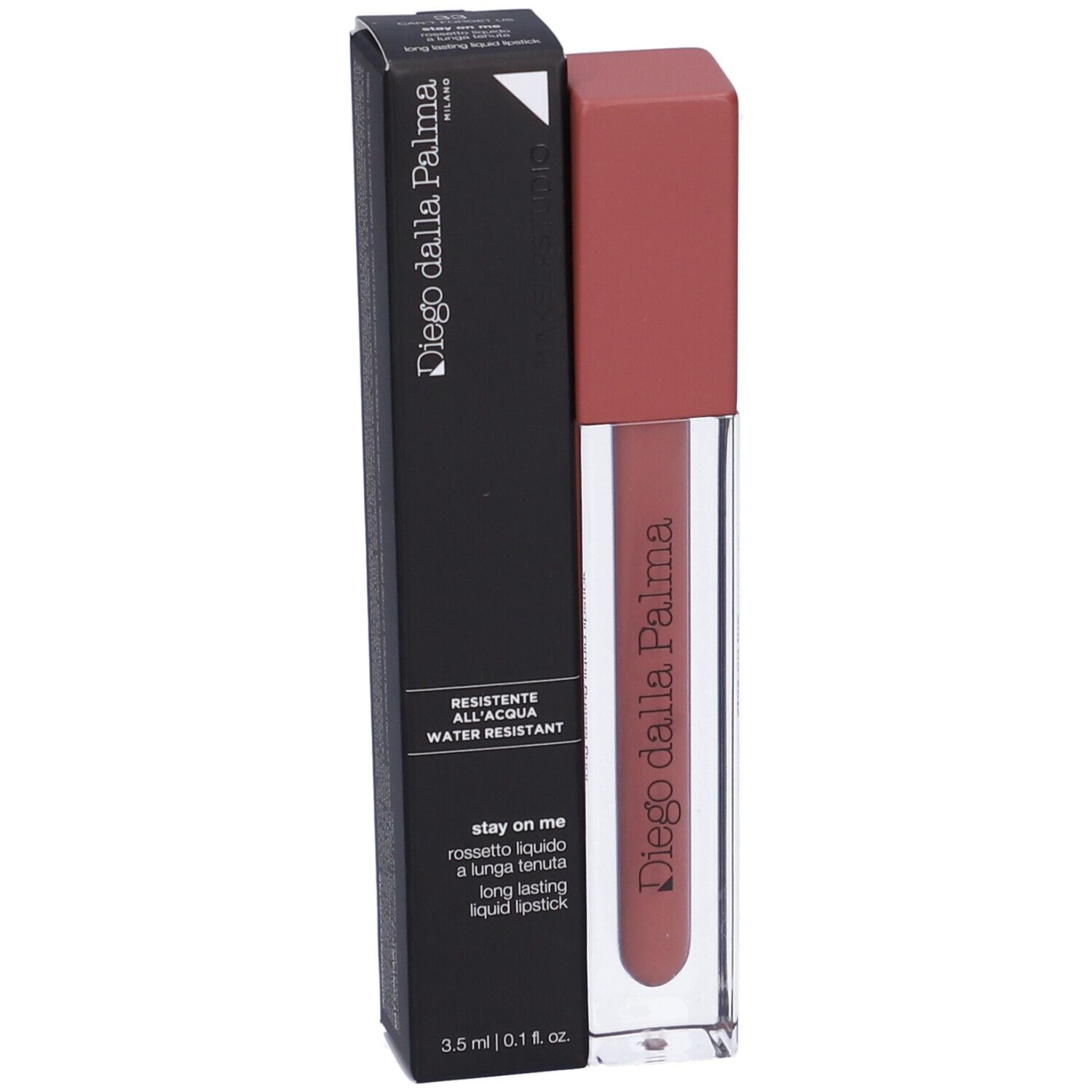 Rossetto terracotta con confezione nera. Marchio "Diego dalla Palma" visibile.