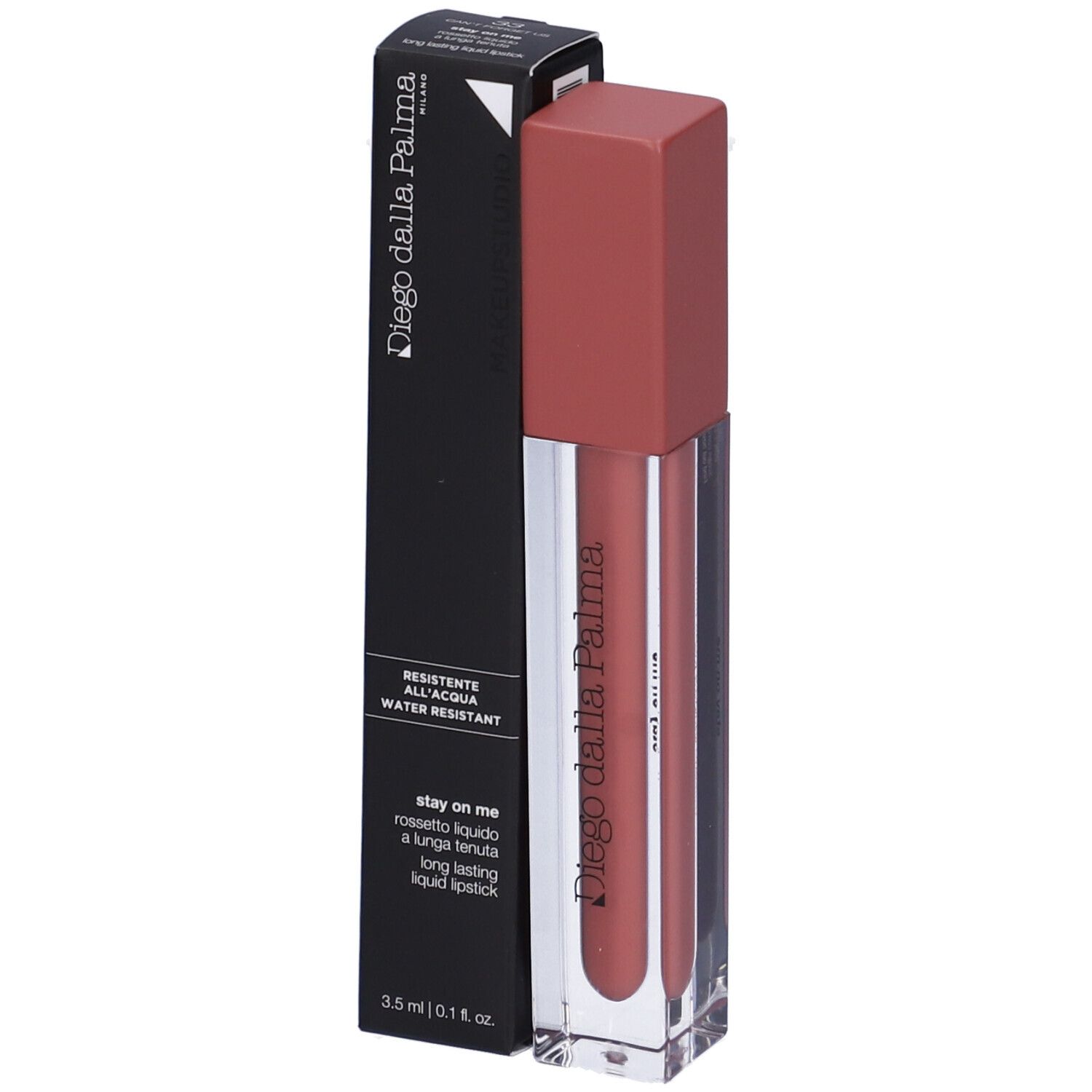 Rossetto terracotta con confezione nera. Marchio "Diego dalla Palma" visibile.