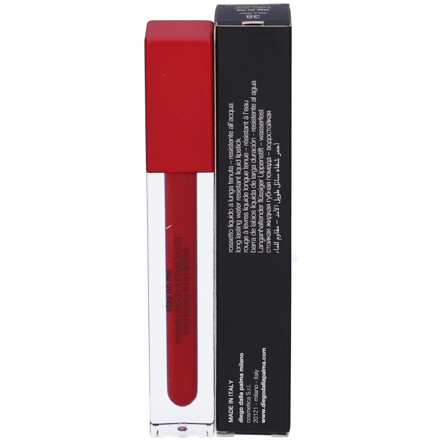 Rossetto liquido rosso e confezione nera. Marca: Diego dalla Palma. Testo multilingue.