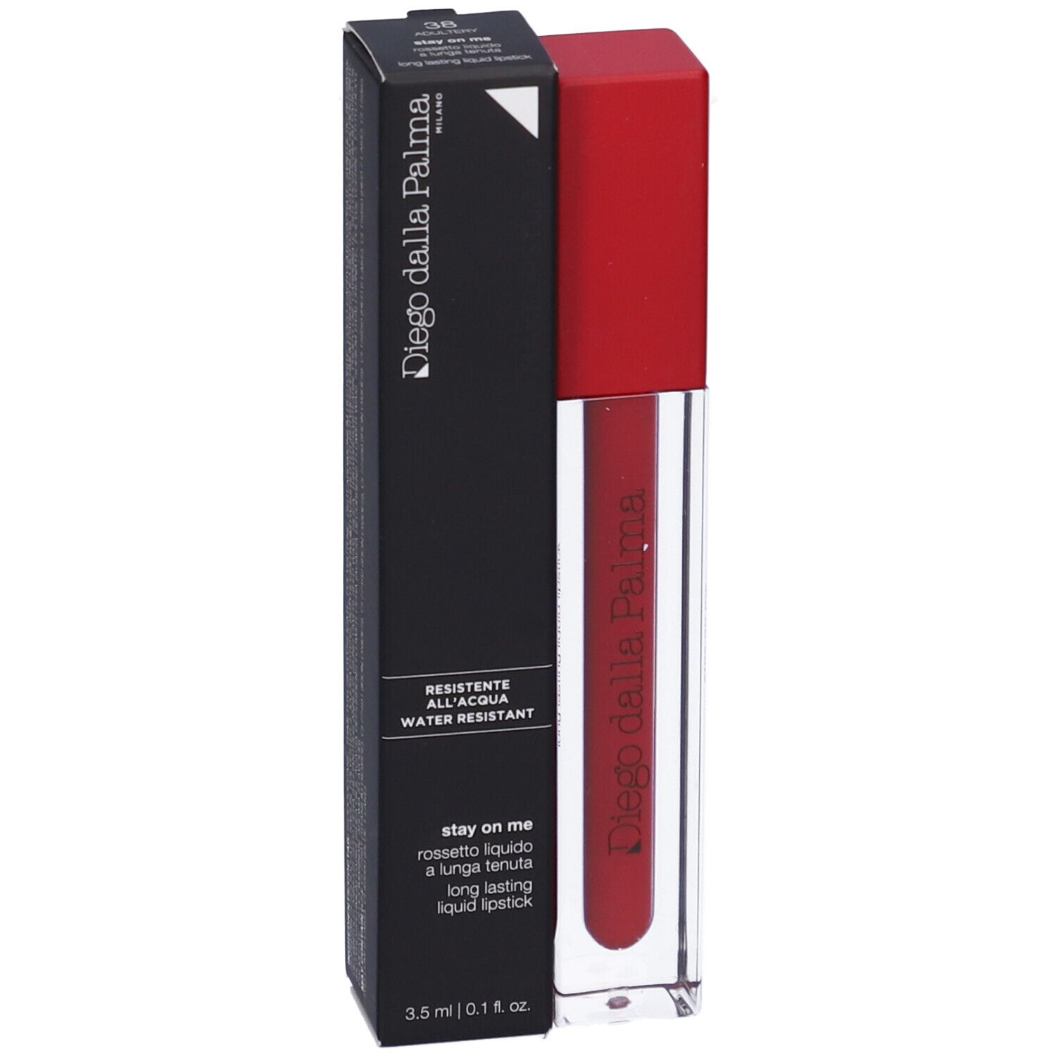Rossetto liquido rosso e confezione nera. Marca: Diego dalla Palma. Testo: 'Resistente all'acqua'.