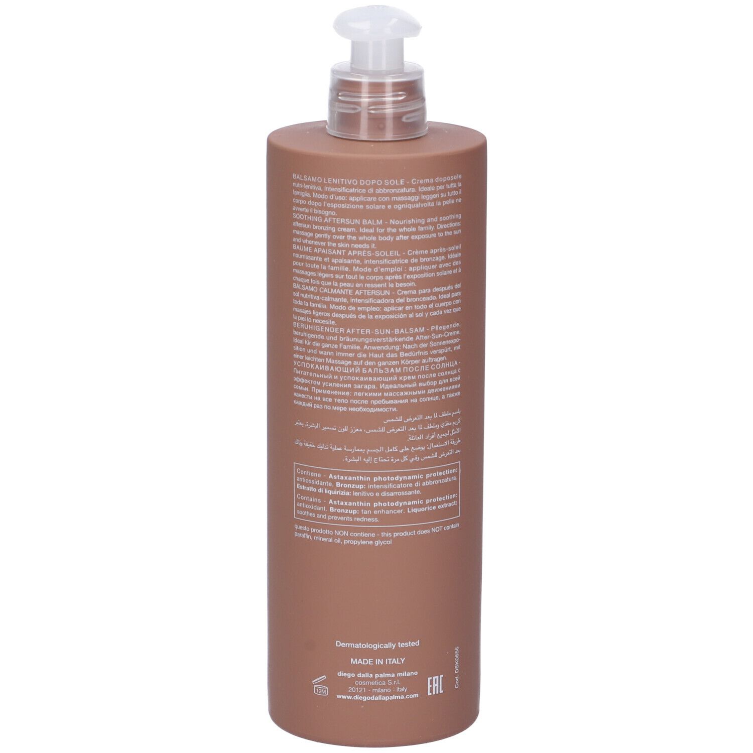 Flacone marrone con dosatore. Retro con testo multilingue. Dermatologicamente testato.