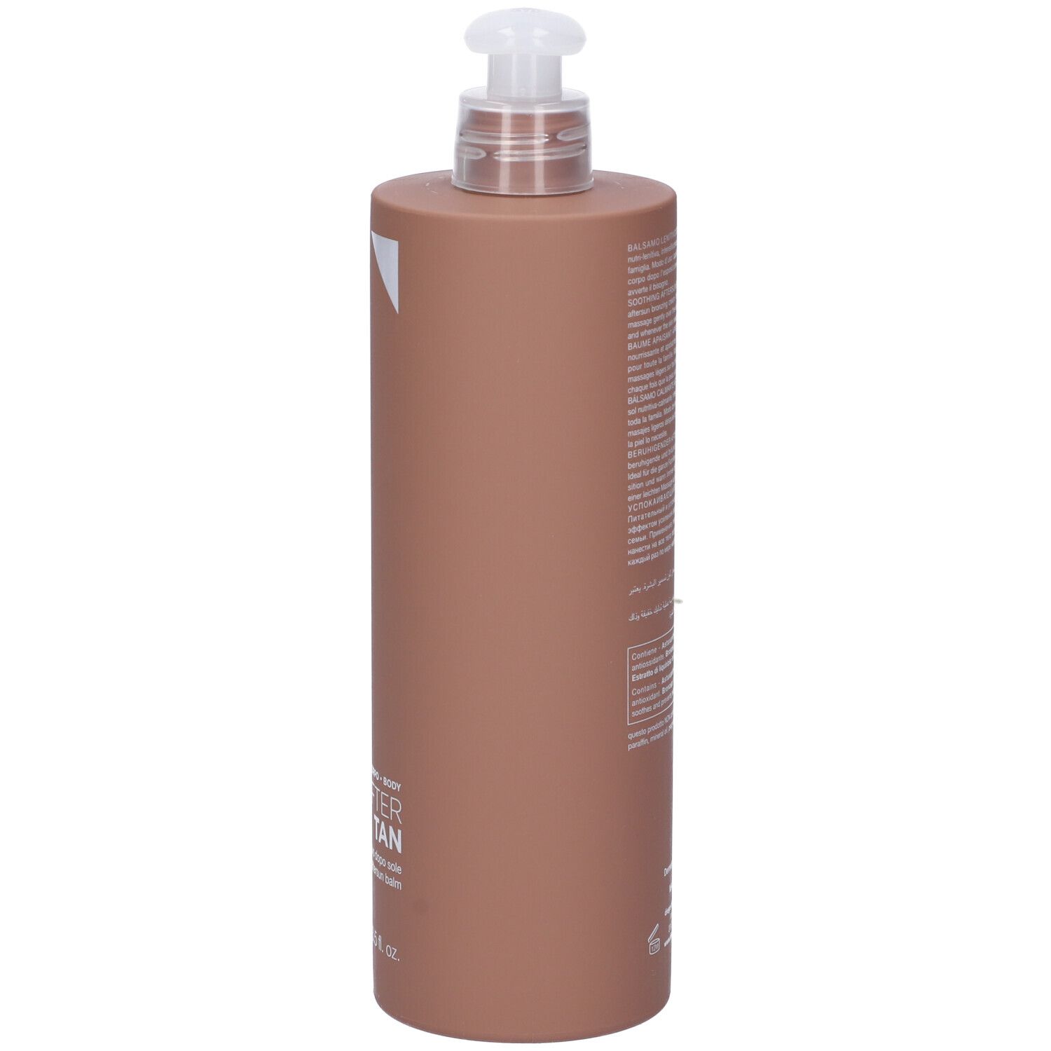 Flacone marrone con dosatore. Scritta: AFTER TAN, 400 ml. Marchio: Diego dalla Palma.