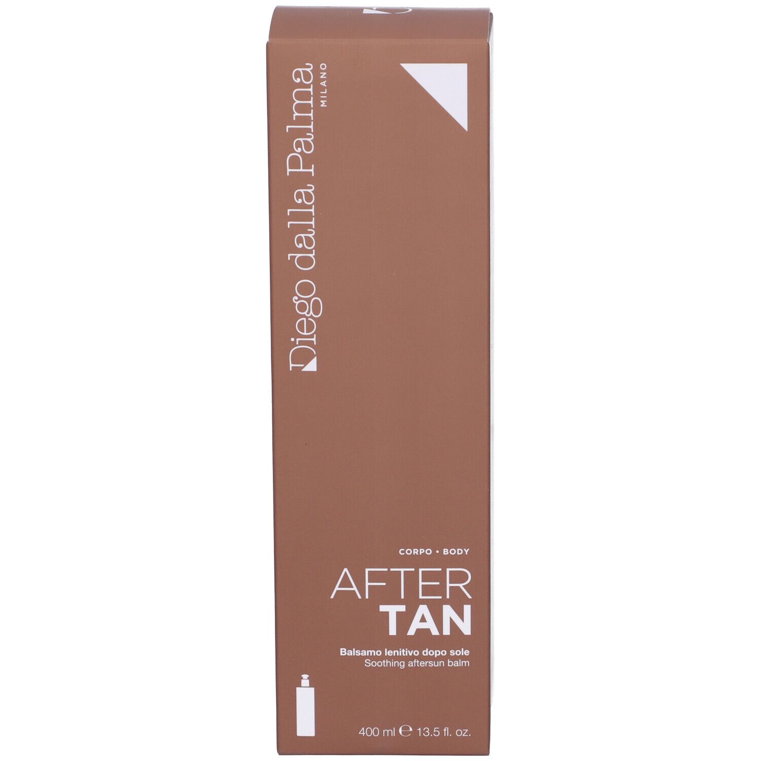 Confezione del prodotto. Scritta: AFTER TAN, 400 ml. Marchio: Diego dalla Palma.