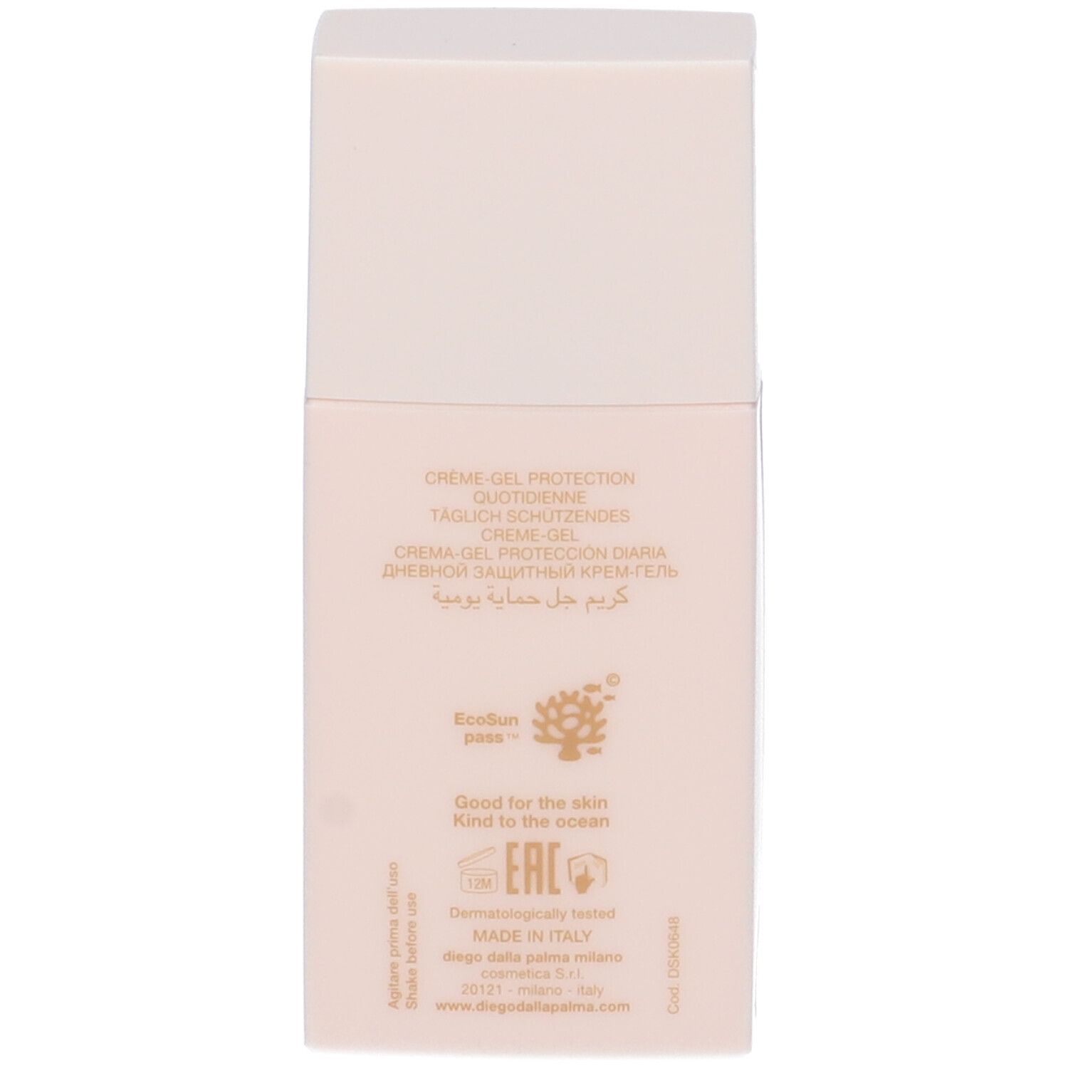 Retro del flacone crema-gel. Testo: 'Good for the skin, Kind to the ocean'. Logo ECOCERT.