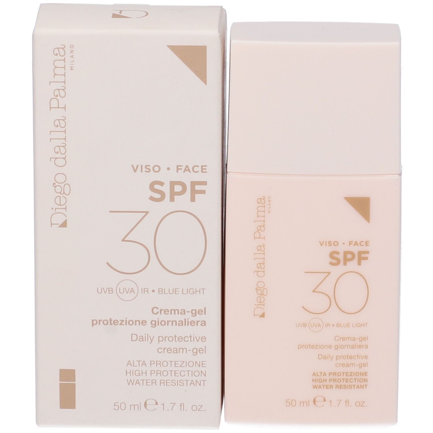 Diego Dalla Palma Crema-gel SPF30. Prodotto e confezione affiancati. Scritta 'SPF 30'.