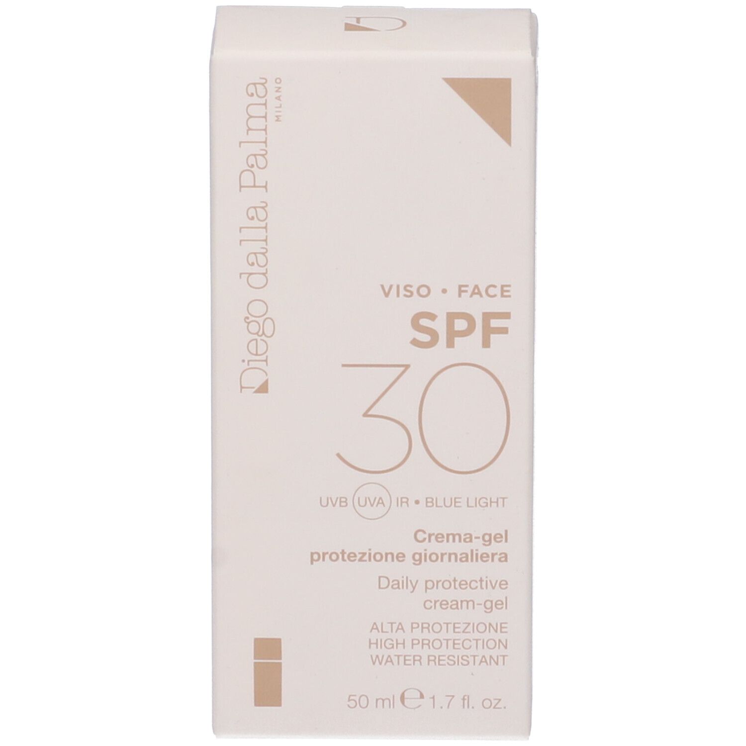 Confezione crema-gel SPF30 Diego Dalla Palma. Scritta 'SPF 30'.