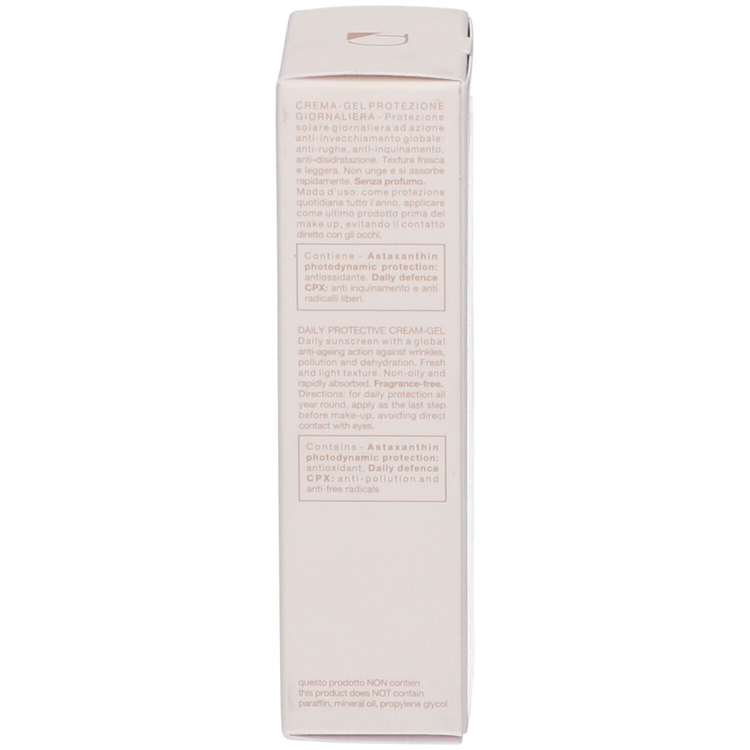 Confezione crema-gel. Testo multilingue. Contiene astaxantina. Senza parabeni.