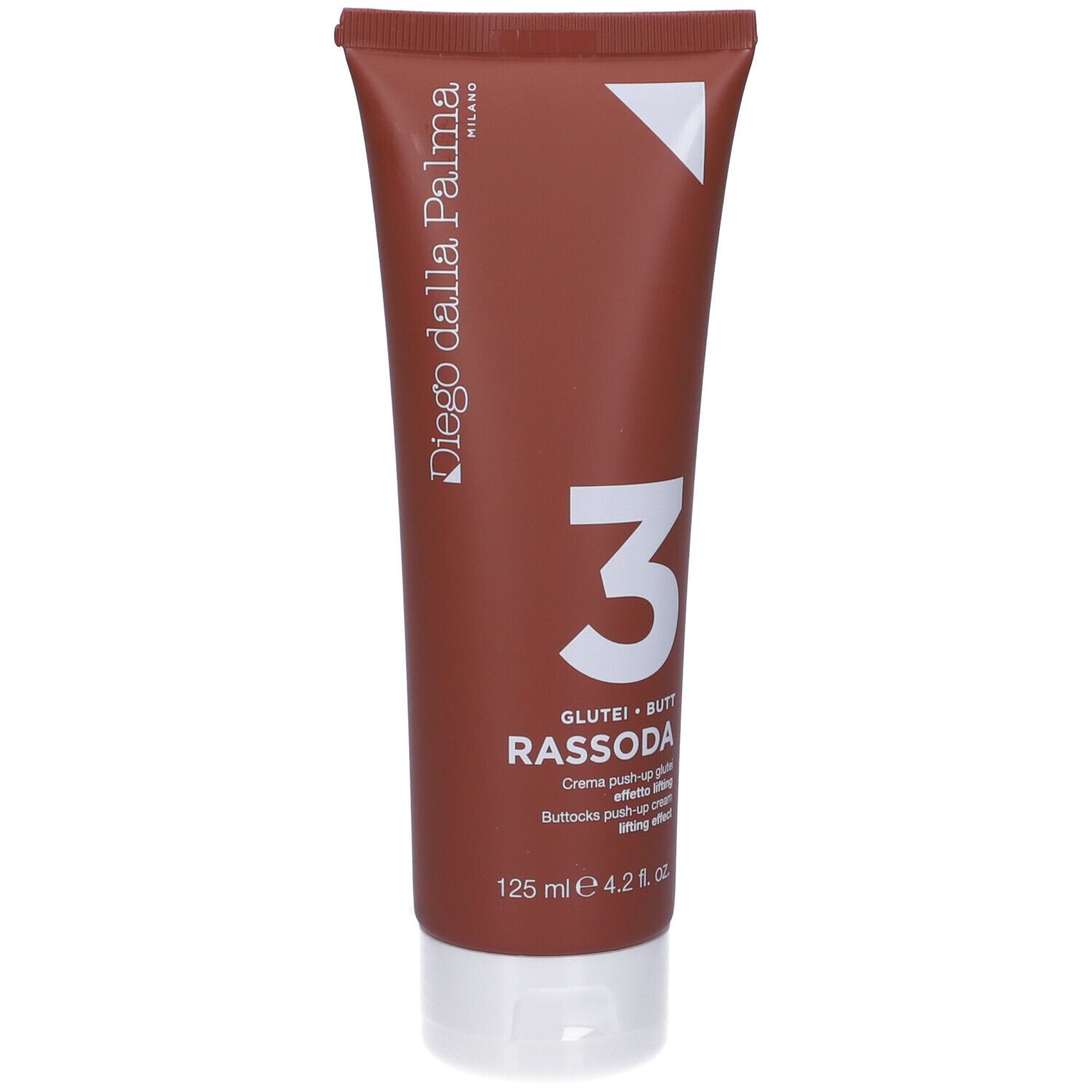 Tubo marrone con tappo bianco. Scritta: Diego dalla Palma, 3 Rassoda, Glutei, 125 ml.