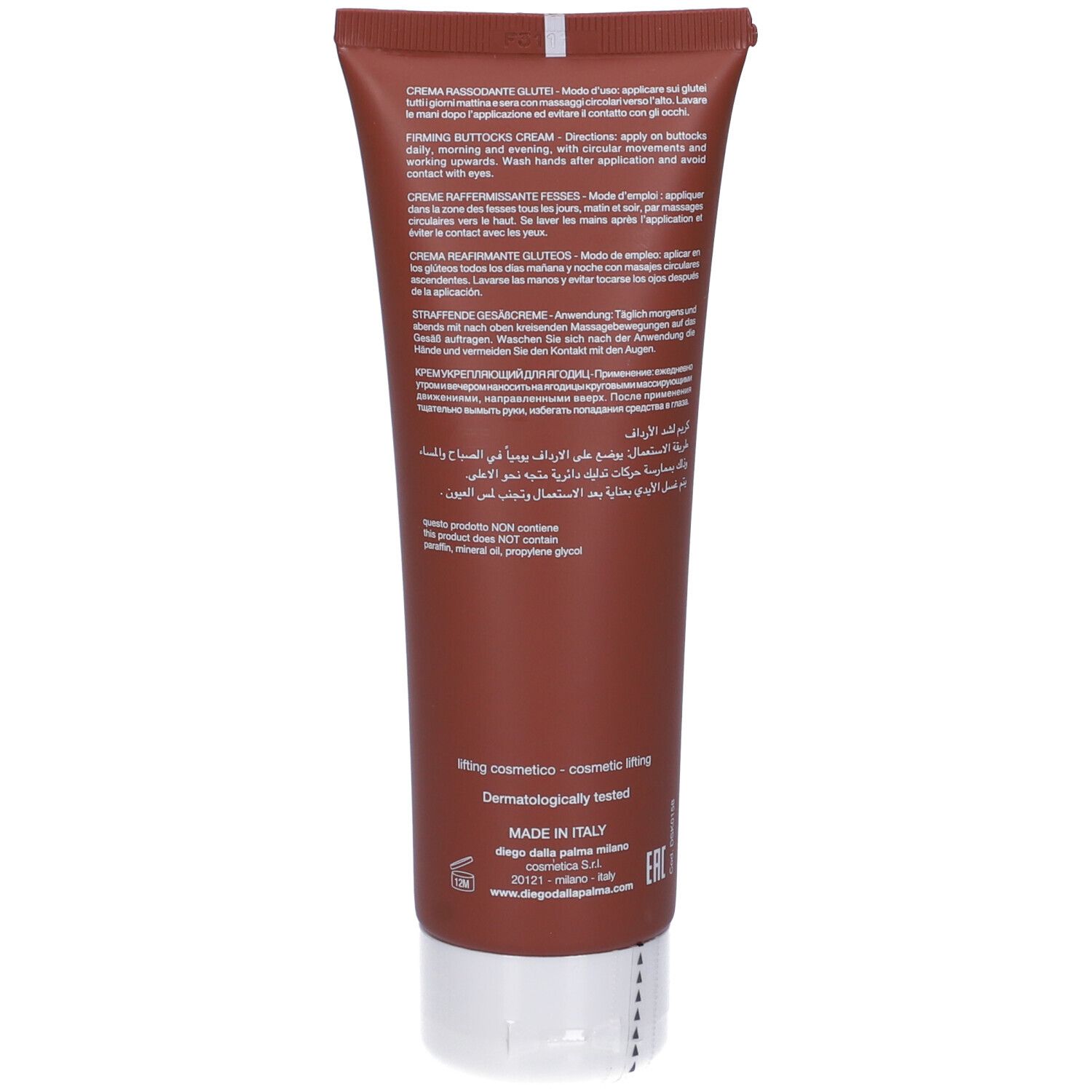 Retro del tubo. Testo multilingue. Scritta: Lifting cosmetico, Dermatologicamente testato.
