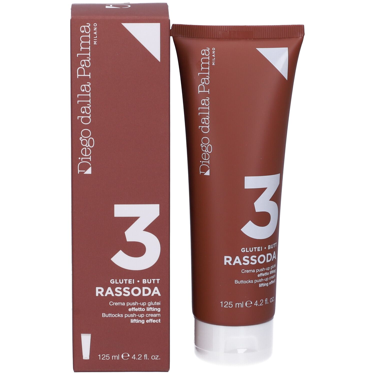 Prodotto e confezione. Tubo e scatola marroni. Scritta: Diego dalla Palma, 3 Rassoda, Glutei, 125 ml.