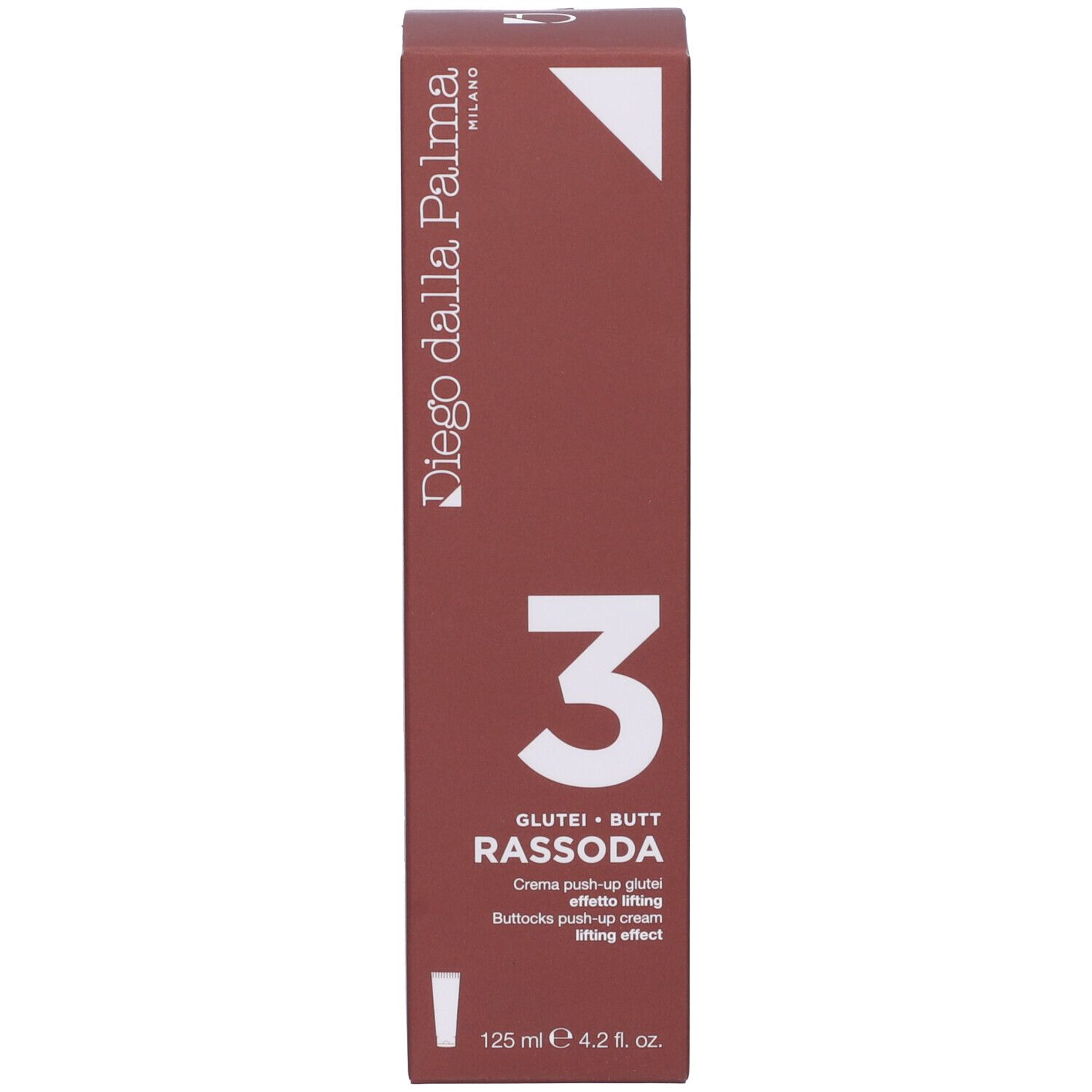 Scatola marrone. Scritta: Diego dalla Palma, 3 Rassoda, Glutei, 125 ml.