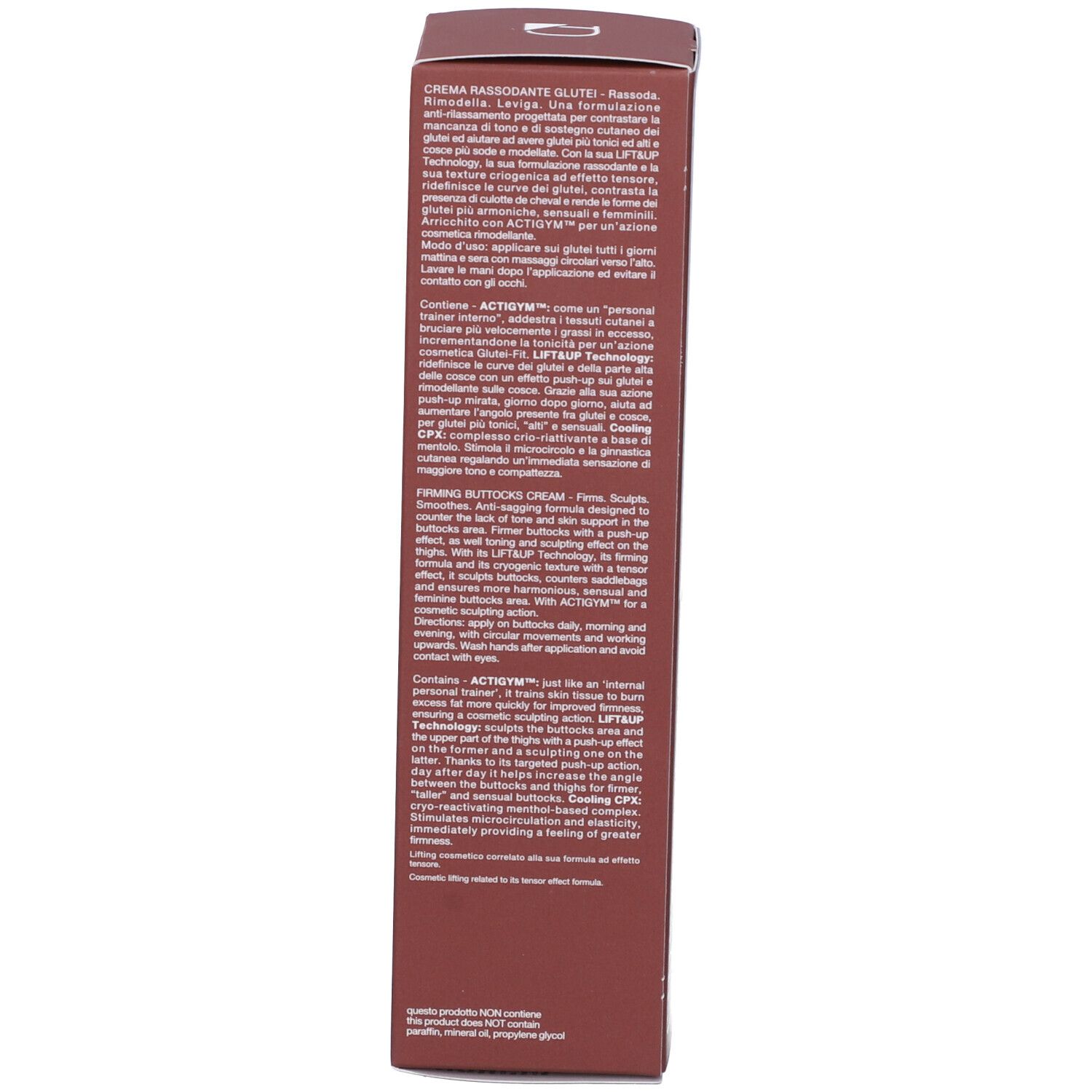 Lato della scatola. Descrizione del prodotto e ingredienti. Scritta: Firming Buttocks Cream.