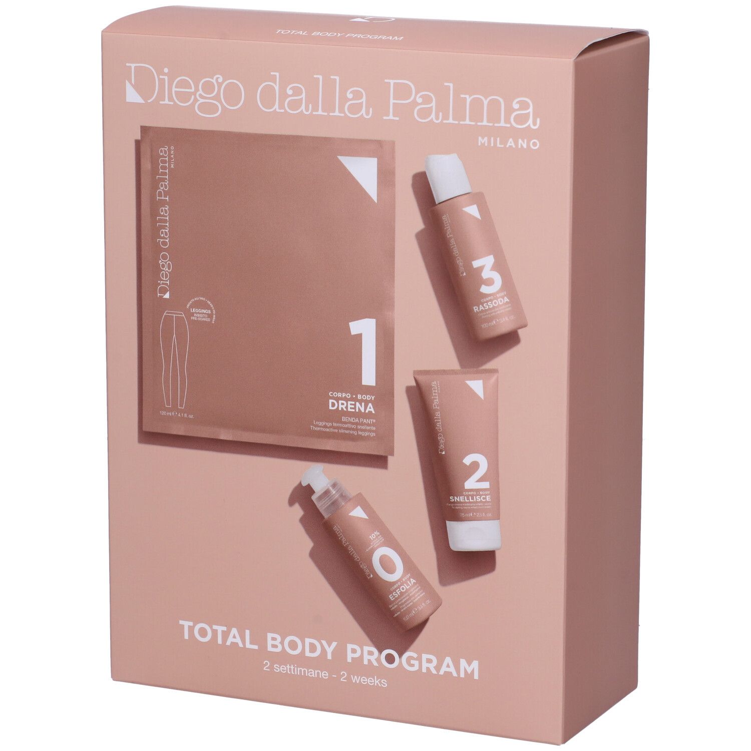 Scatola rosa con prodotti. Scritte: Diego dalla Palma, Total Body Program. Contiene prodotti numerati 0, 1, 2, 3.