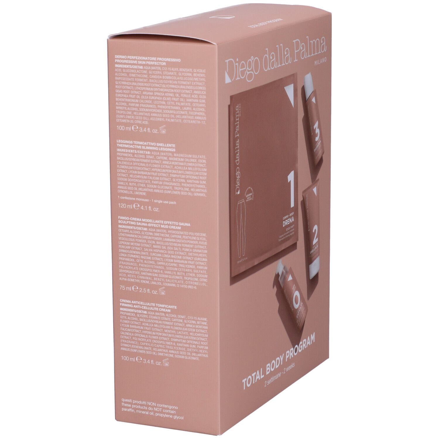 Scatola rosa, vista laterale. Scritta: Diego dalla Palma, Total Body Program. Testo in italiano. Contiene prodotti numerati 0, 1, 2, 3.