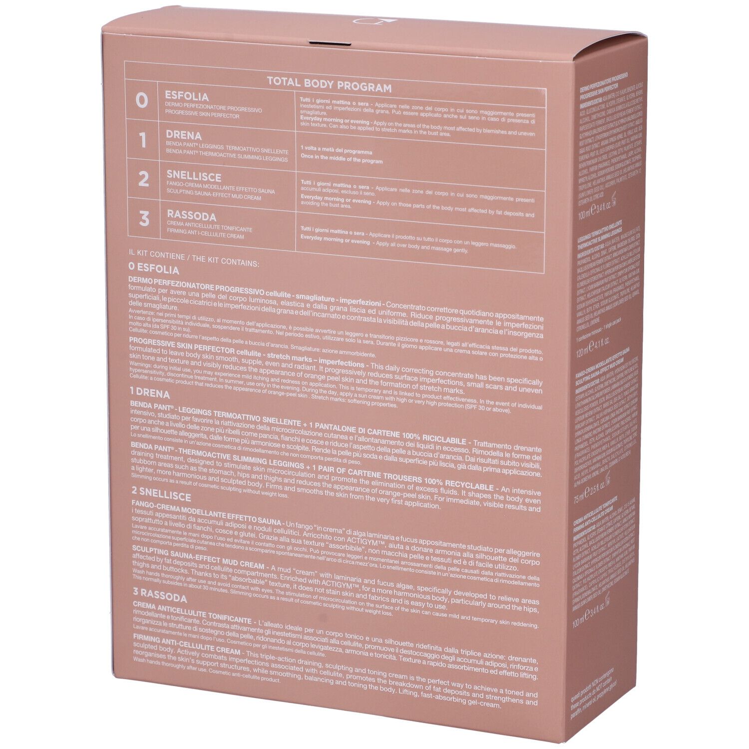 Scatola rosa, retro. Scritta: Total Body Program. Elenco prodotti: 0, 1, 2, 3. Testo in italiano.