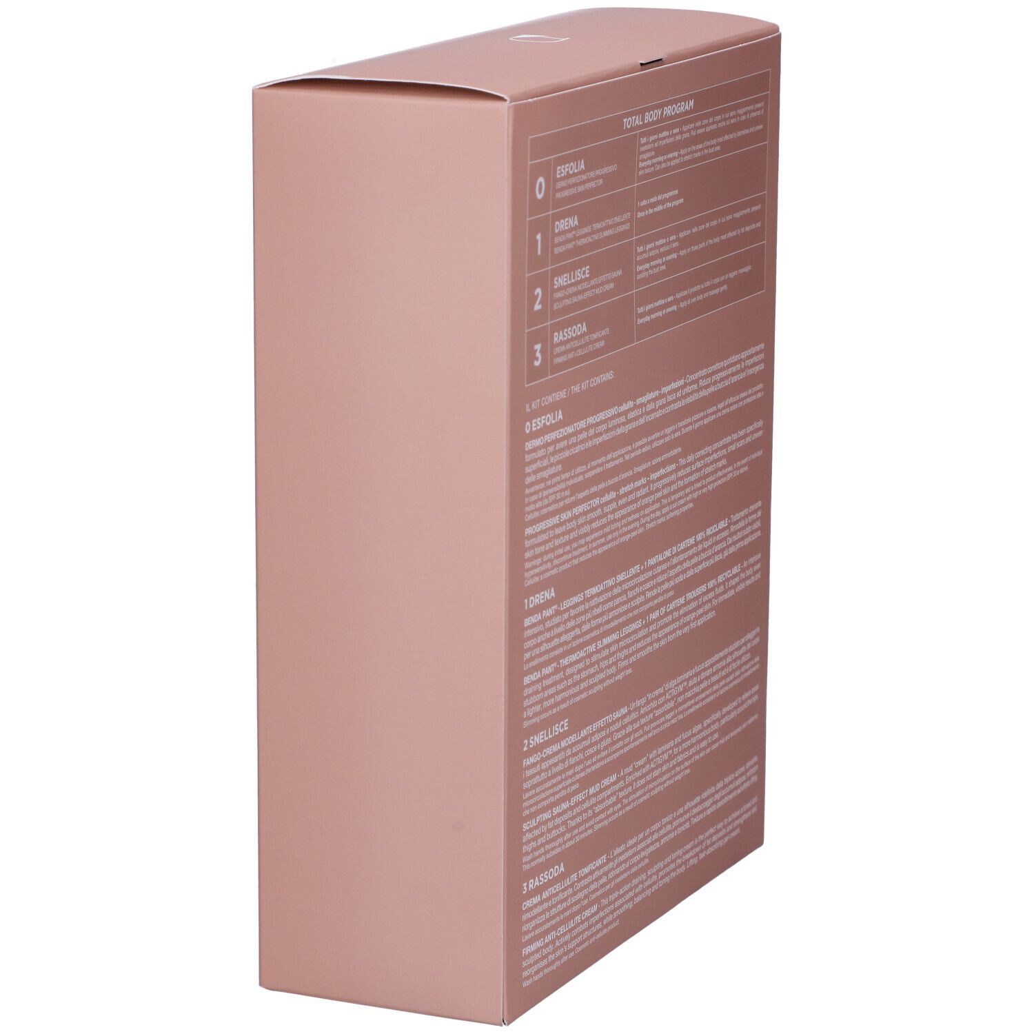 Scatola rosa, vista laterale. Scritta: Total Body Program. Elenco prodotti: 0, 1, 2, 3. Testo in italiano.