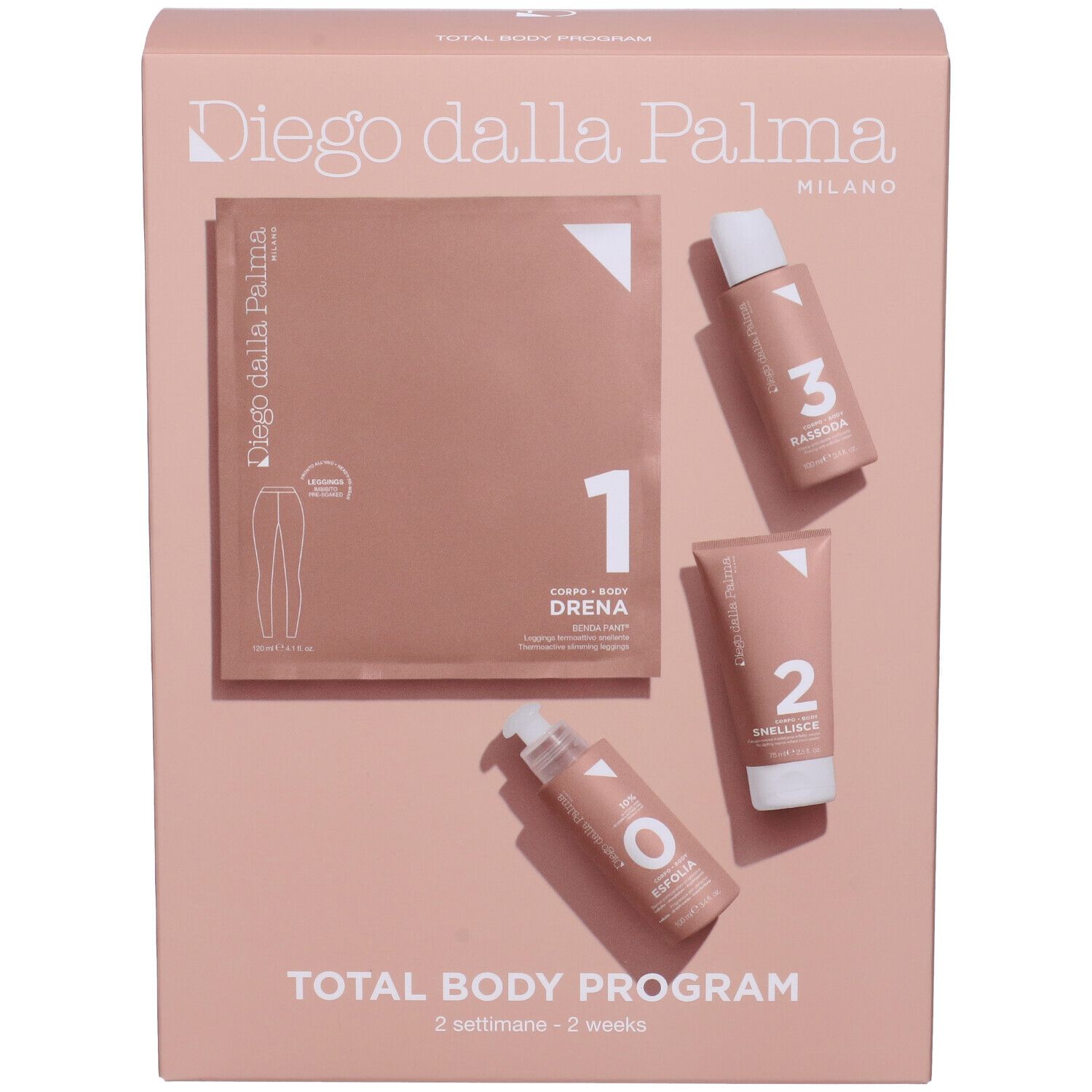 Scatola rosa con prodotti. Scritte: Diego dalla Palma, Total Body Program. Contiene prodotti numerati 0, 1, 2, 3.