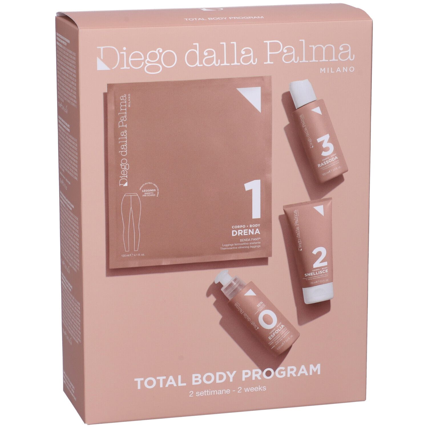 Scatola rosa con prodotti. Scritte: Diego dalla Palma, Total Body Program. Contiene prodotti numerati 0, 1, 2, 3.