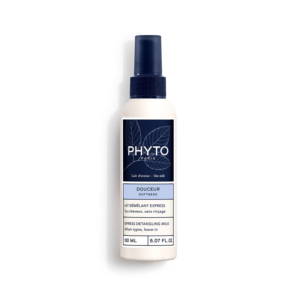 Flacone bianco con vaporizzatore blu. Scritta: PHYT, Douceur, Lait Démêlant Express. 150 ml.