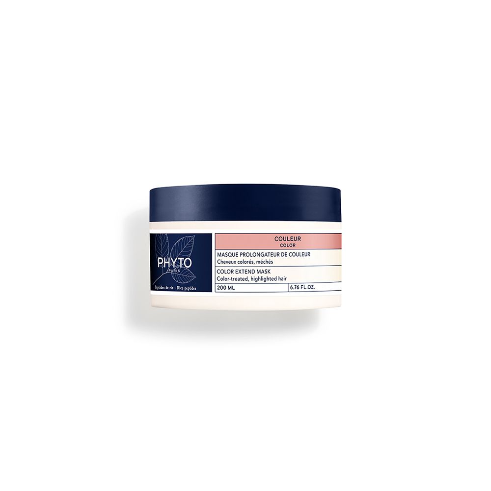 Barattolo rotondo, coperchio blu. Scritta: Phyto, Maschera Prolongateur de Couleur. Contenuto: 200 ml.