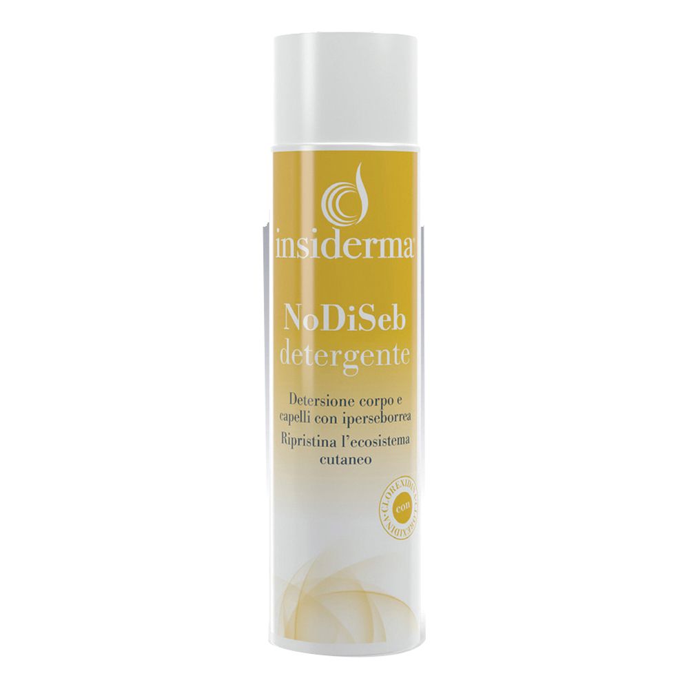 Flacone bianco e giallo. Scritta: Insiderma, NoDiSeb Detergente. Per corpo e capelli con seborrea.