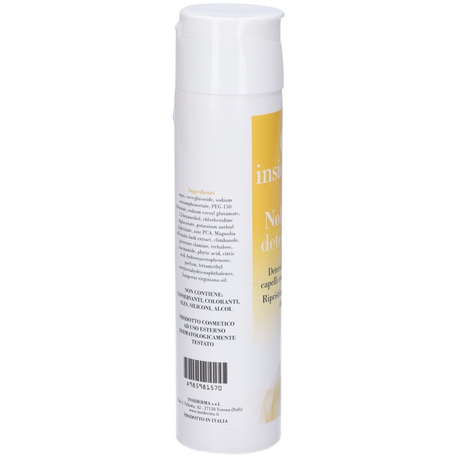 Flacone bianco con etichetta gialla. Scritta: Ingredienti. Testo in italiano.