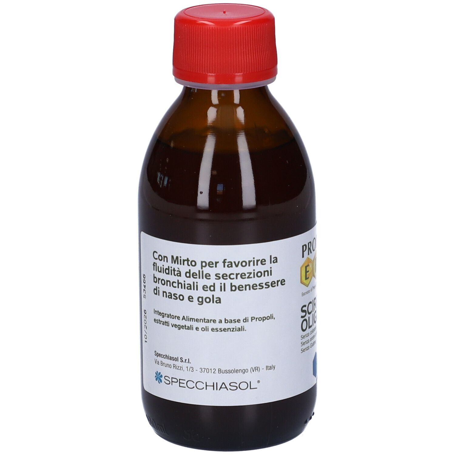 Flacone di vetro marrone con tappo rosso. Etichetta con informazioni sul prodotto. Contiene mirto per la secrezione bronchiale. Marca: Specchiasol.