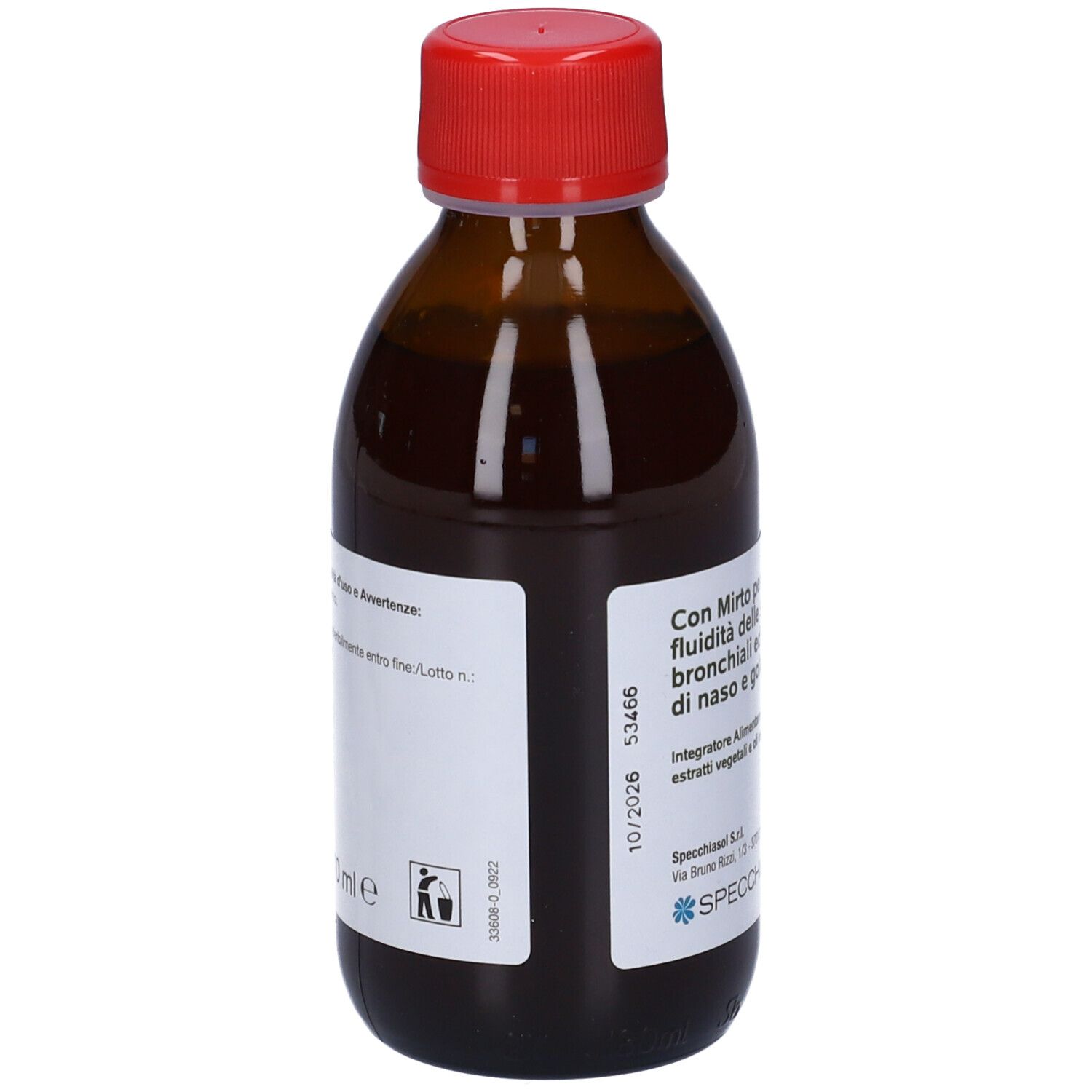 Flacone di vetro marrone con tappo rosso. Etichetta con informazioni sul prodotto. Contiene mirto per la secrezione bronchiale. Marca: Specchiasol.