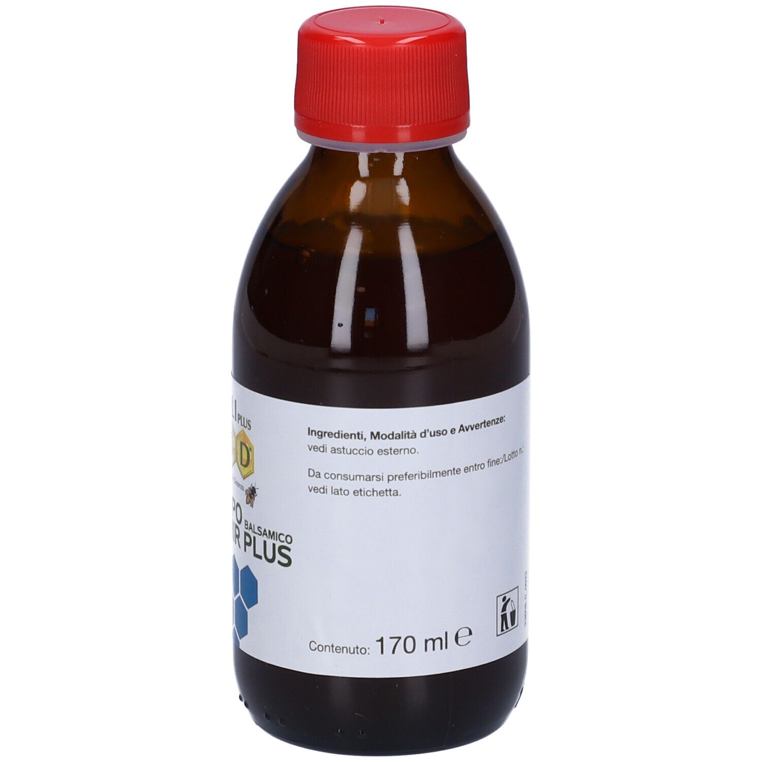 Flacone di vetro marrone con tappo rosso. Etichetta con informazioni sul prodotto. Contiene 170 ml. Marca: Specchiasol. Design a nido d'ape.