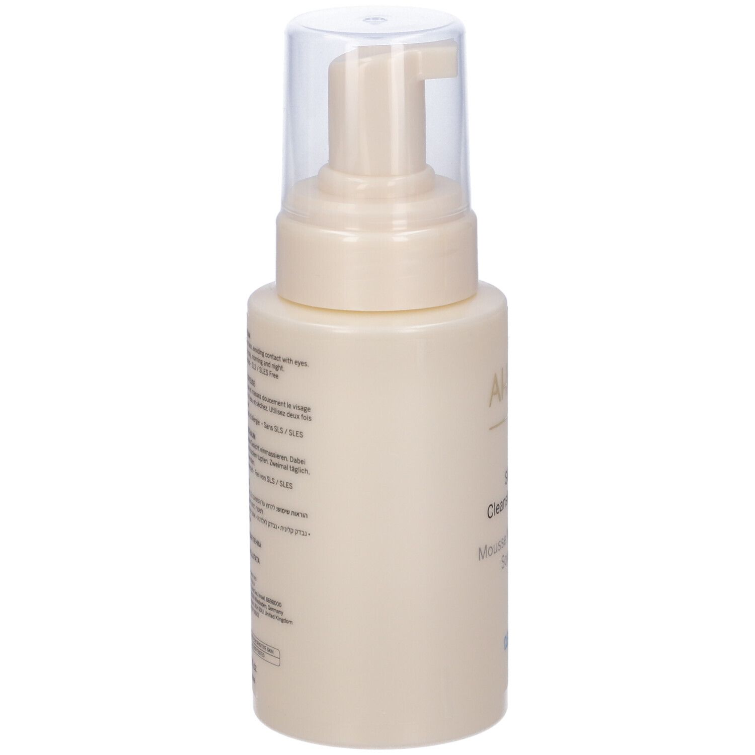 AHAVA Silky Cleansing Foam. Beige Flasche mit Pumpkopf. Rückseite mit Text. Beschriftung: AHAVA, Silky Cleansing Foam, Mousse Nettoyante Soyeuse.