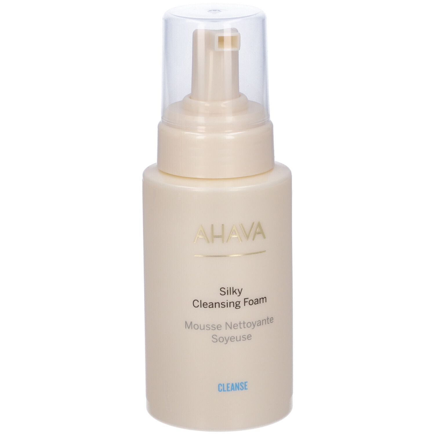 AHAVA Silky Cleansing Foam. Beige Flasche mit Pumpkopf. Beschriftung: AHAVA, Silky Cleansing Foam, Mousse Nettoyante Soyeuse, CLEANSE.